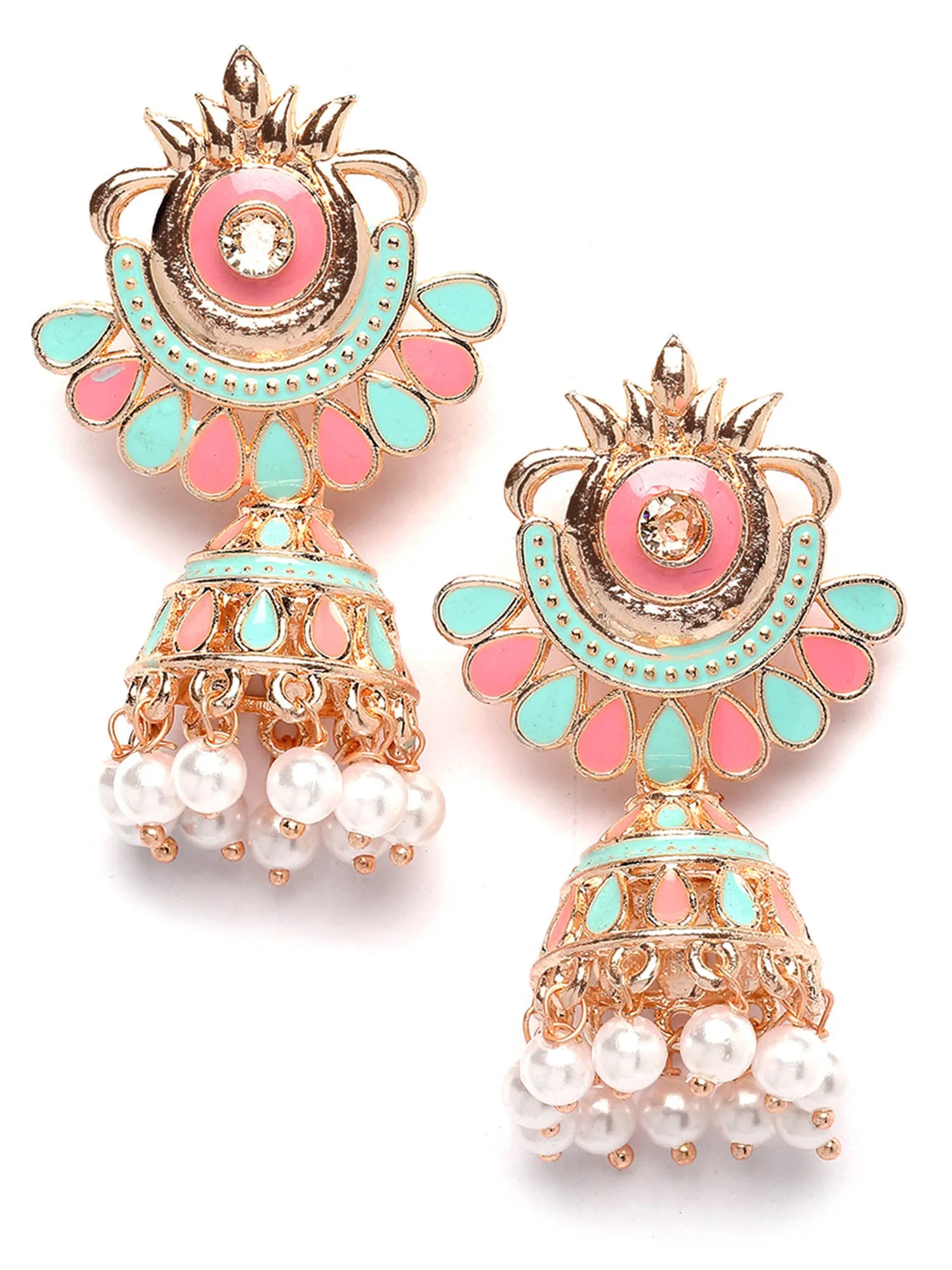 Karatcart Rose Gold Plated Pink and Light Blue Meena Jhumki Earrings for Women