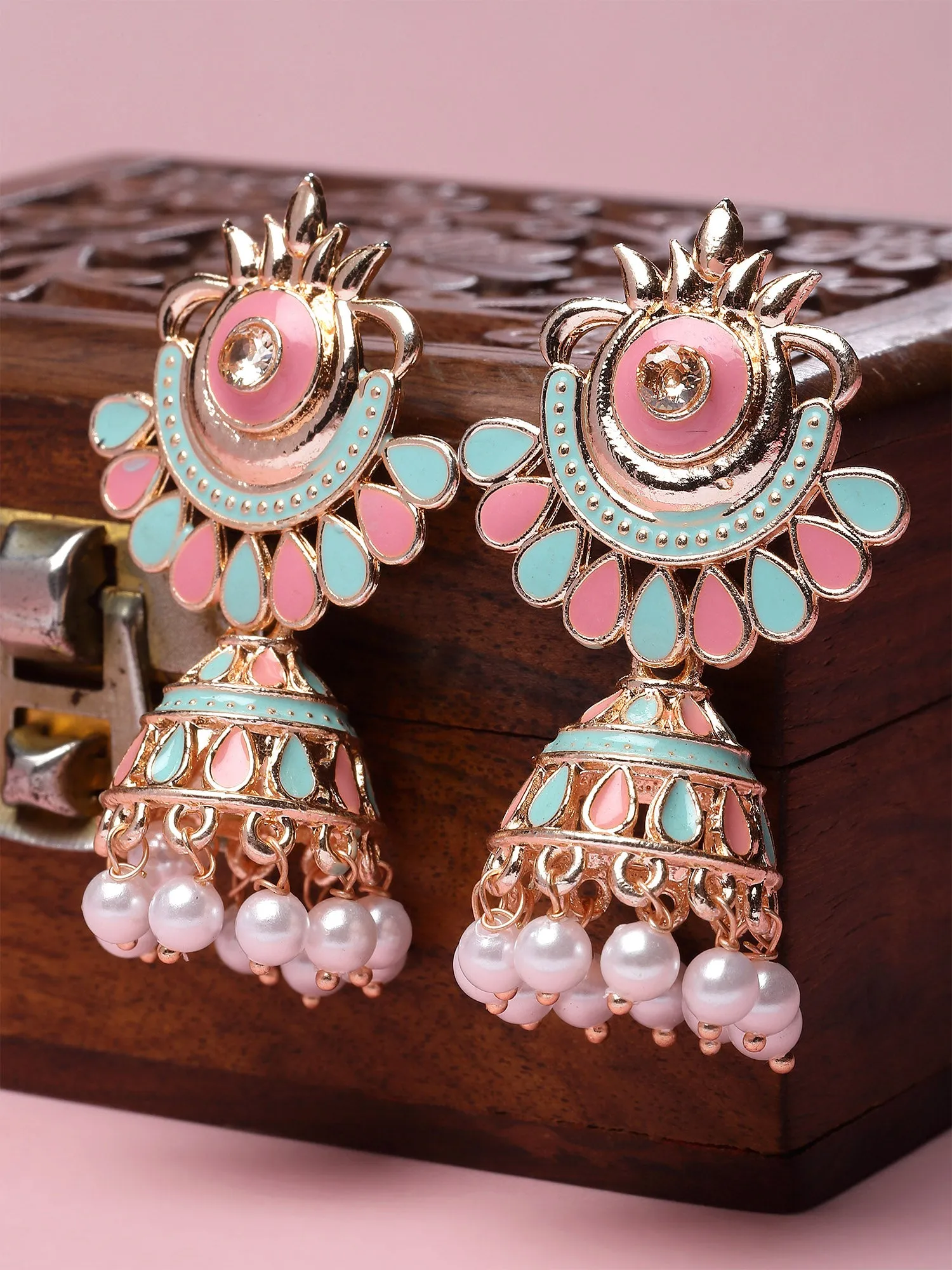 Karatcart Rose Gold Plated Pink and Light Blue Meena Jhumki Earrings for Women