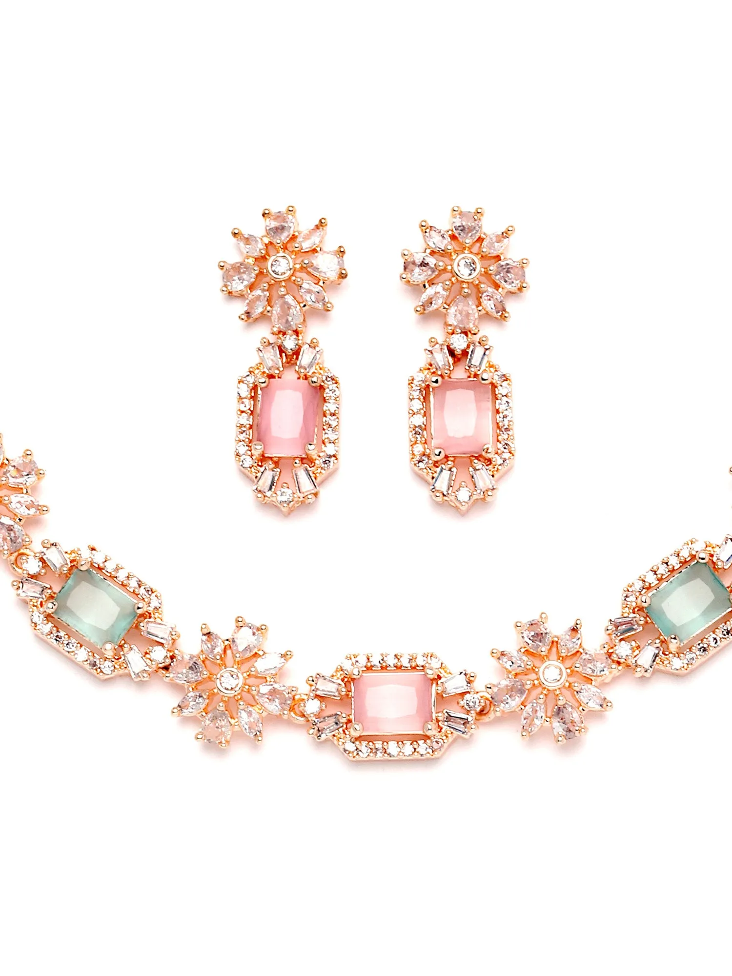 Karatcart Rose Gold Plated Pink and Light Green Cubic Zirconia Studded Necklace Set