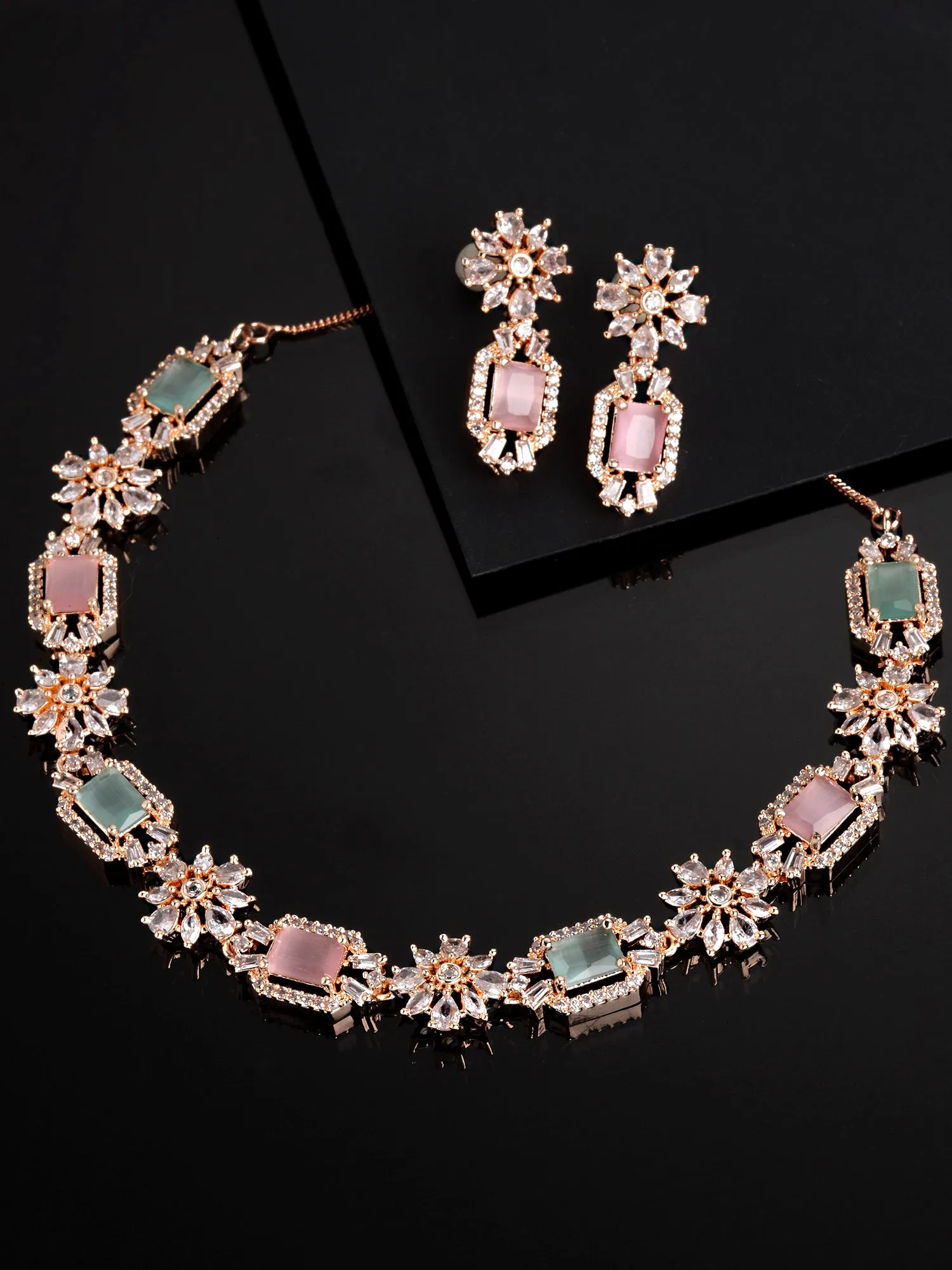 Karatcart Rose Gold Plated Pink and Light Green Cubic Zirconia Studded Necklace Set
