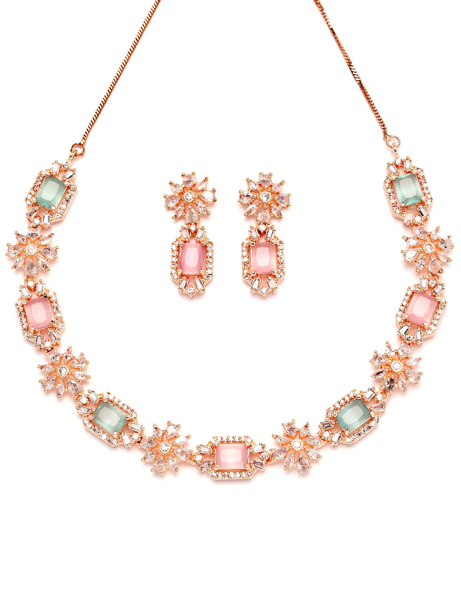 Karatcart Rose Gold Plated Pink and Light Green Cubic Zirconia Studded Necklace Set