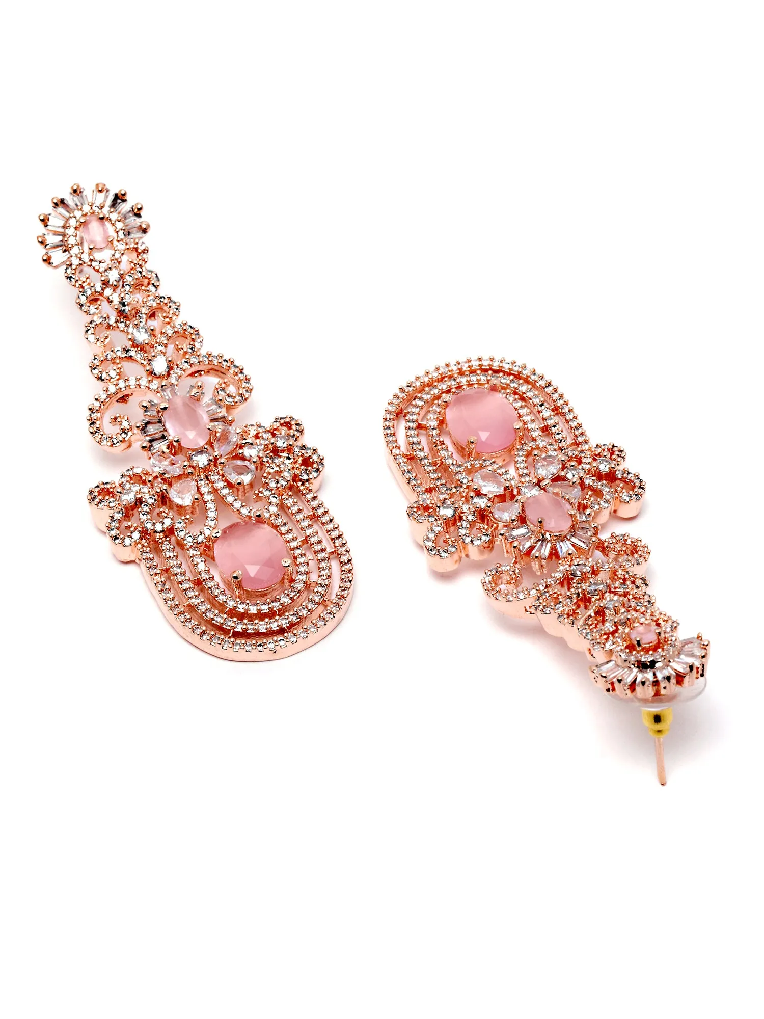 Karatcart Rose Gold Plated Pink Cubic Zirconia Studded Dangler Earrings for Women