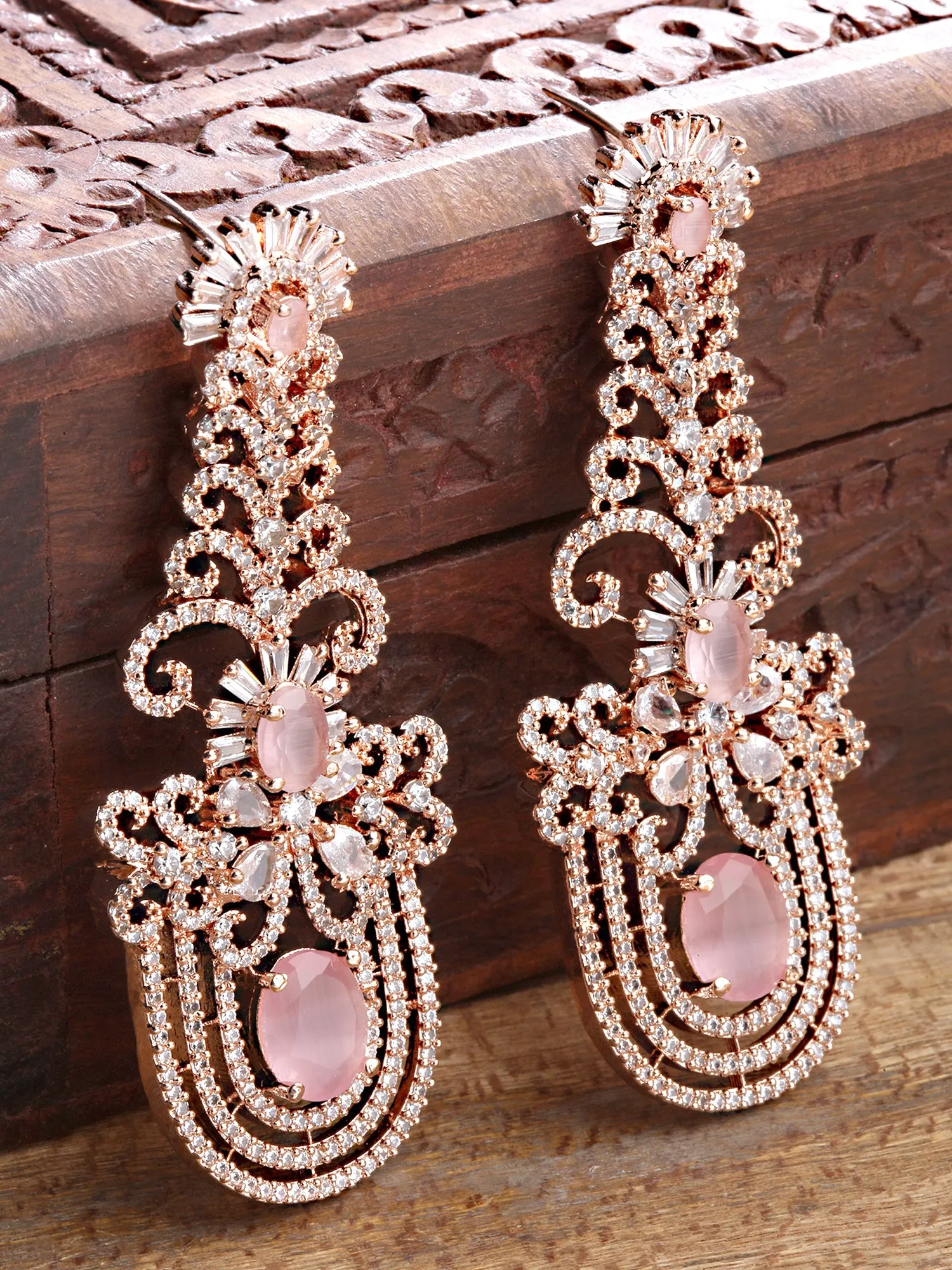 Karatcart Rose Gold Plated Pink Cubic Zirconia Studded Dangler Earrings for Women