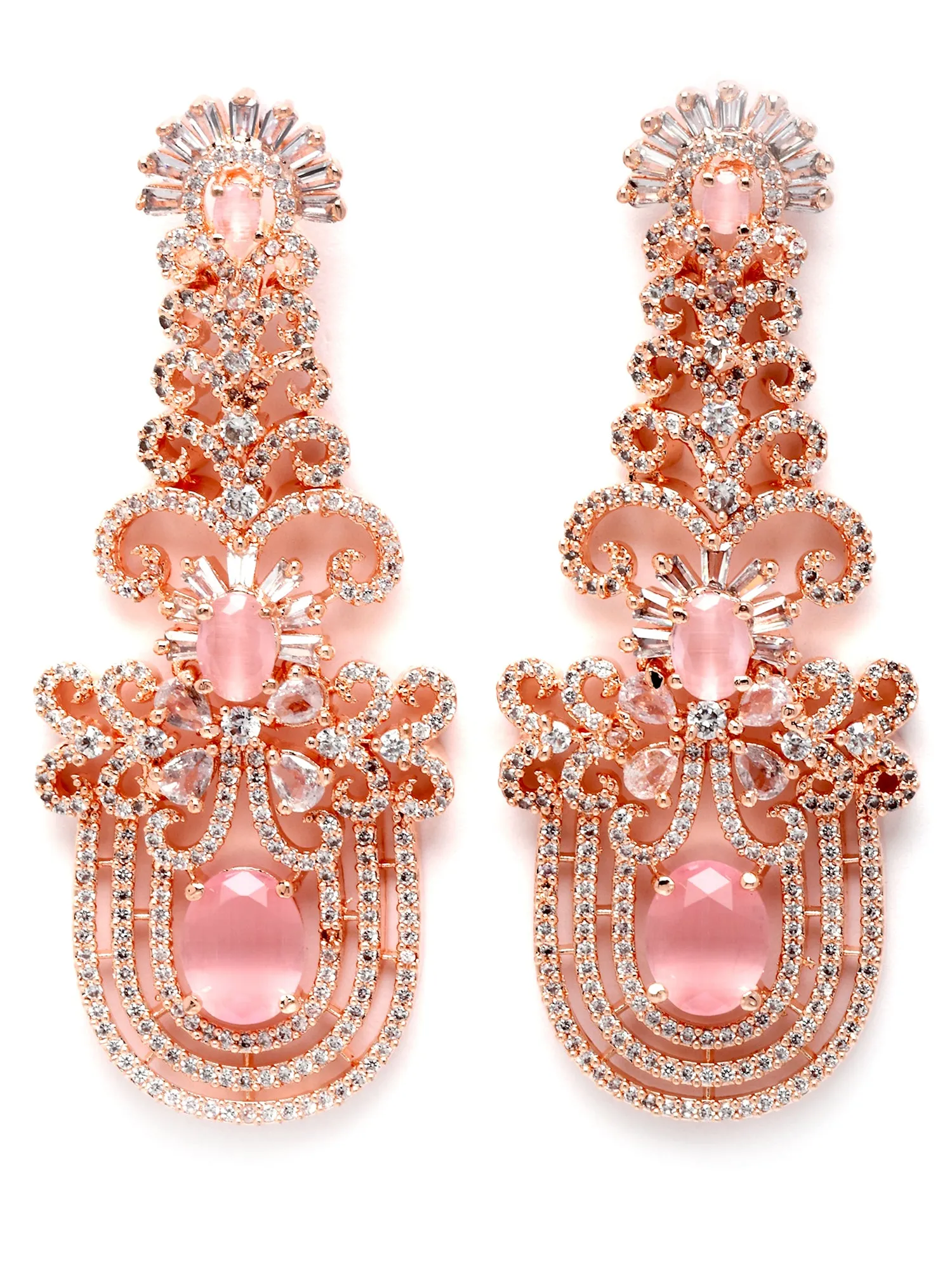 Karatcart Rose Gold Plated Pink Cubic Zirconia Studded Dangler Earrings for Women