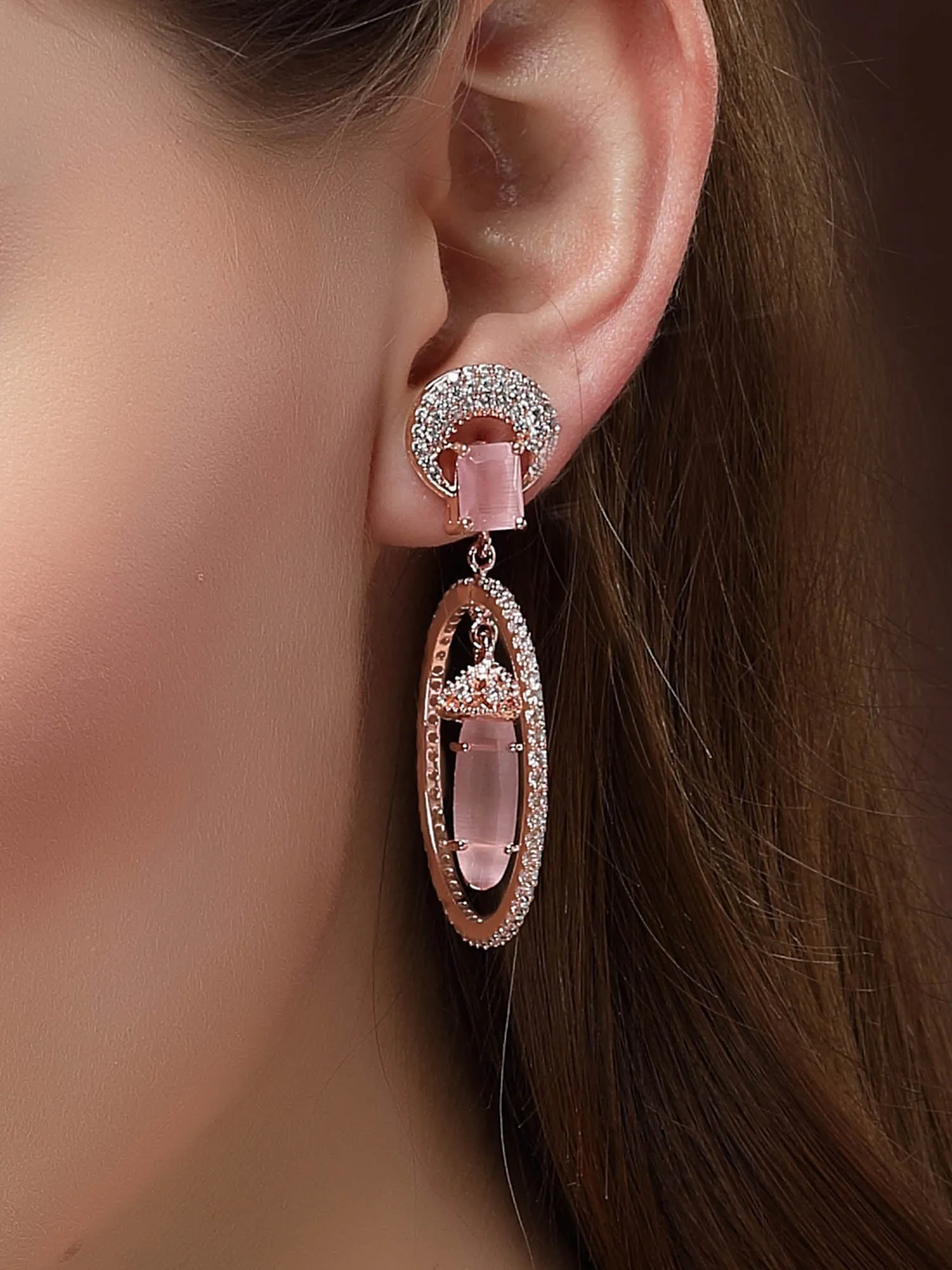 Karatcart Rose Gold Plated Pink Cubic Zirconia Studded Dangler Hoop Earrings for Women