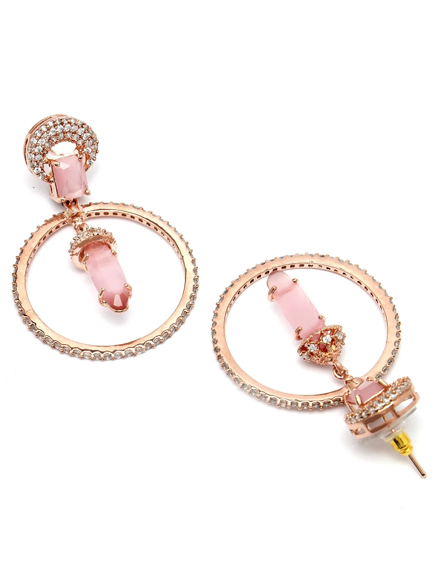 Karatcart Rose Gold Plated Pink Cubic Zirconia Studded Dangler Hoop Earrings for Women