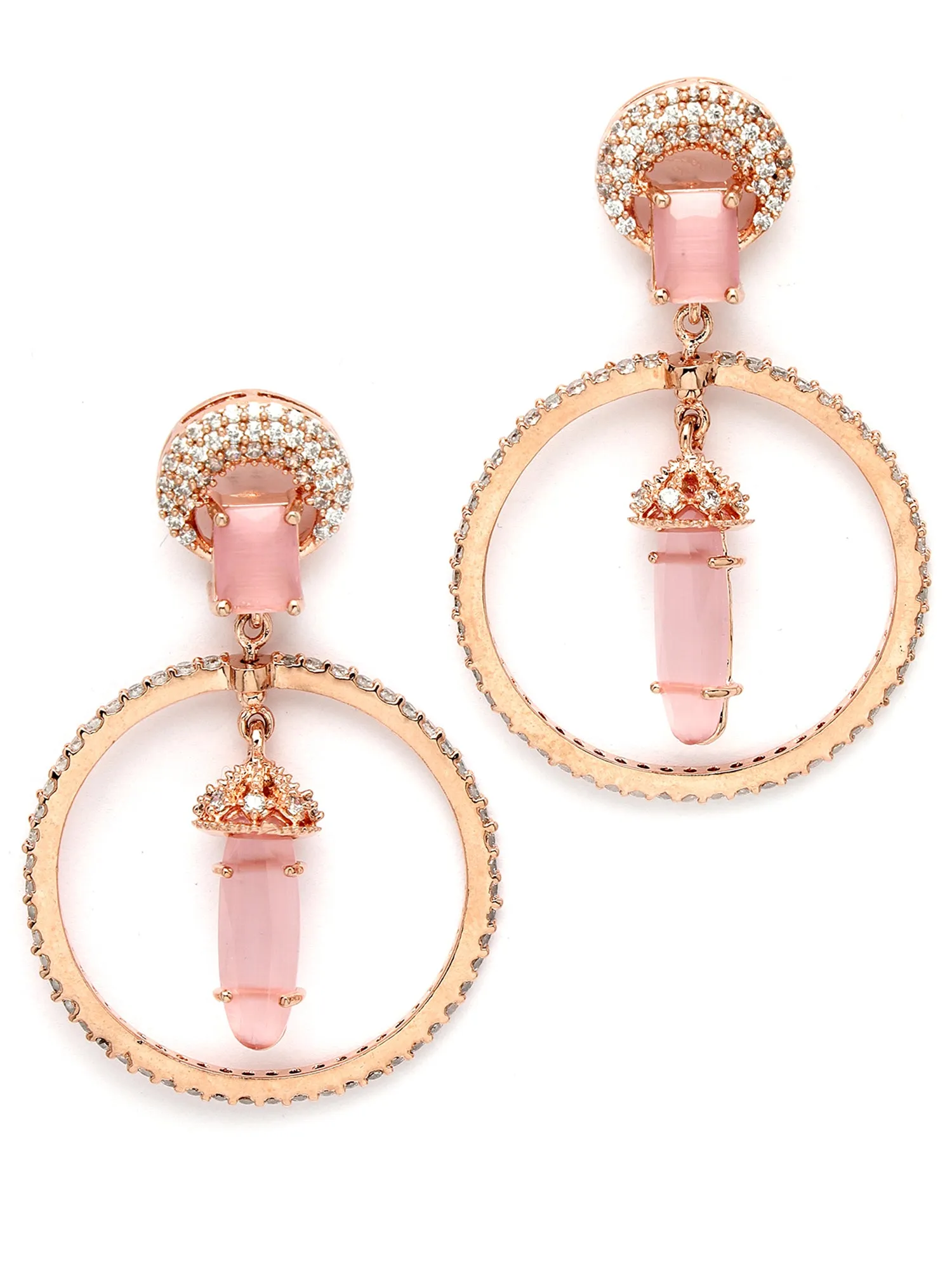Karatcart Rose Gold Plated Pink Cubic Zirconia Studded Dangler Hoop Earrings for Women