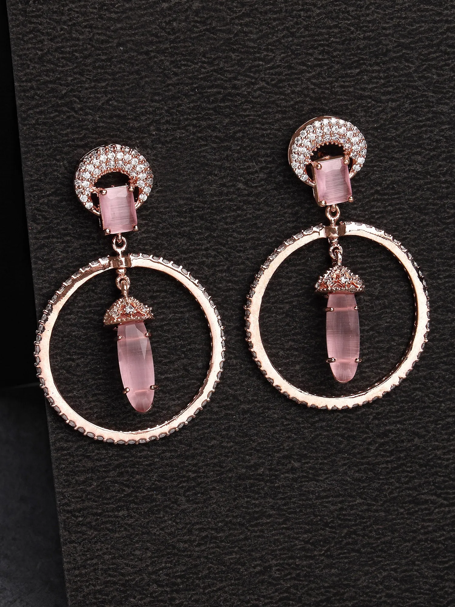 Karatcart Rose Gold Plated Pink Cubic Zirconia Studded Dangler Hoop Earrings for Women