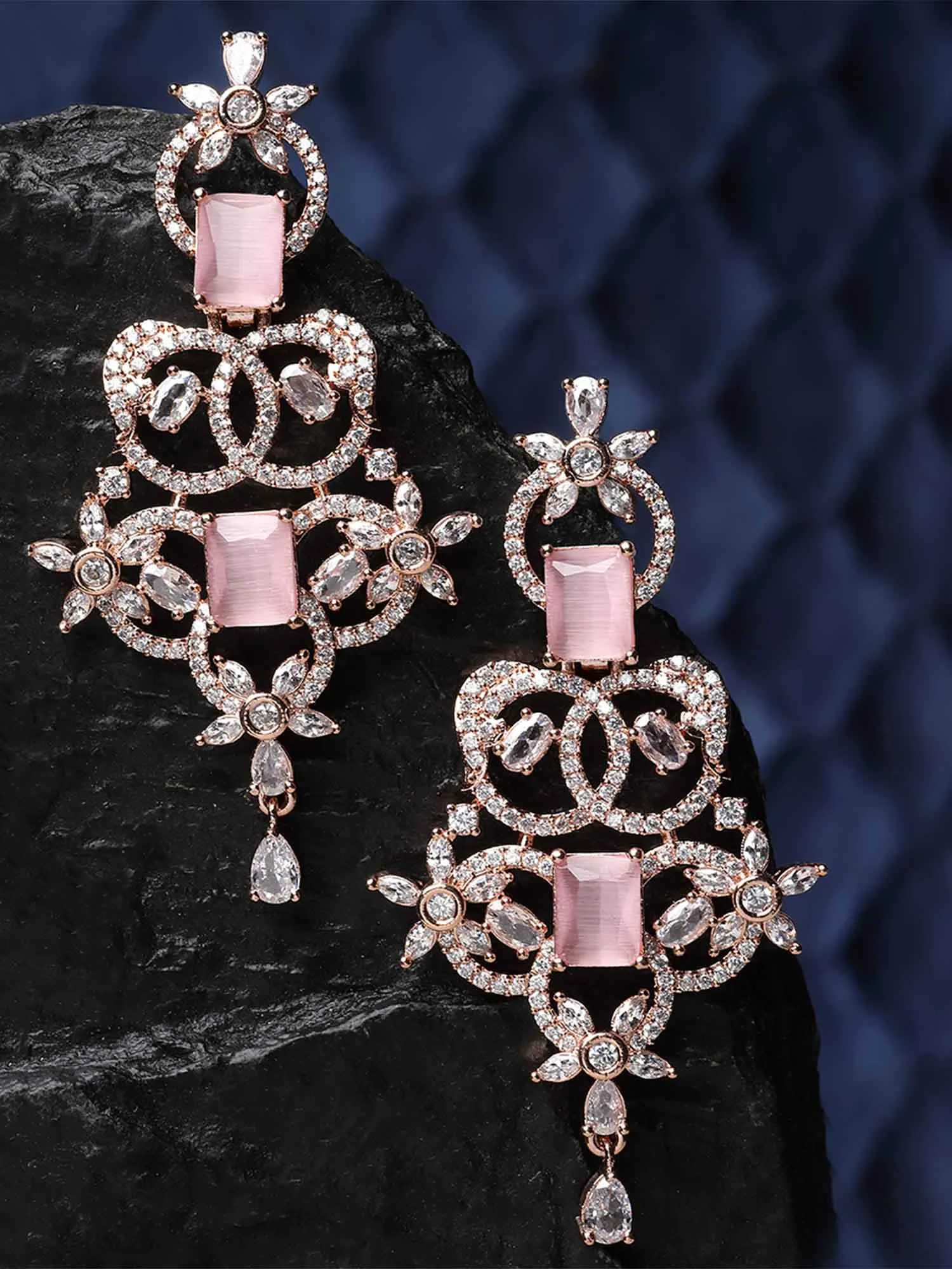 Karatcart Rose Gold Plated Pink Cubic Zirconia Studded Drop Earrings for Women