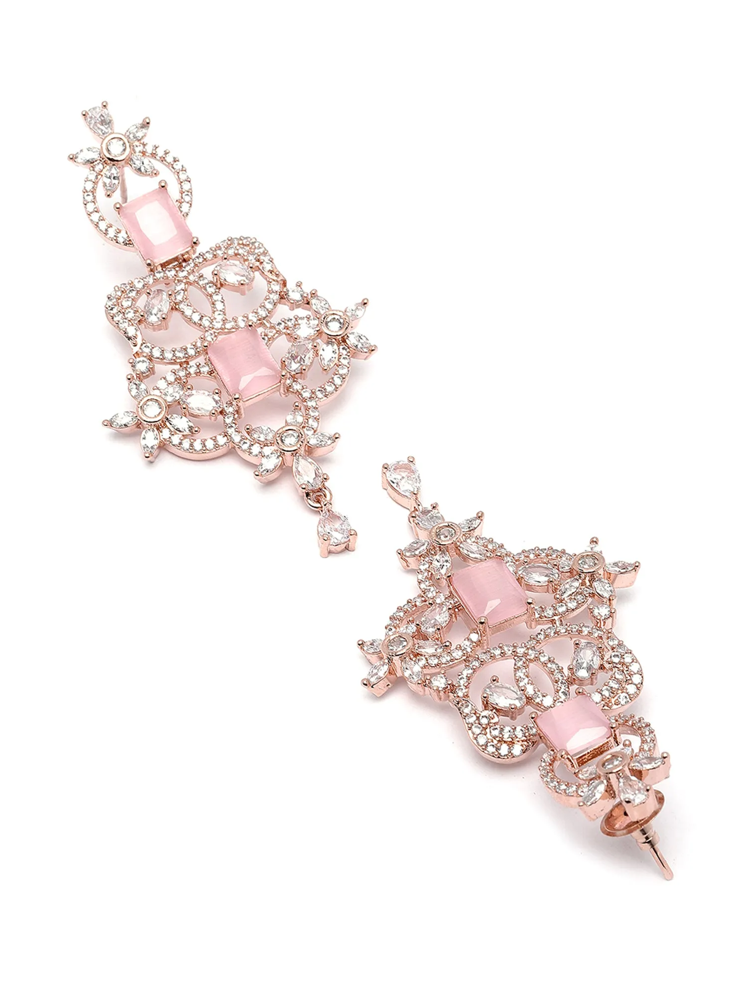 Karatcart Rose Gold Plated Pink Cubic Zirconia Studded Drop Earrings for Women