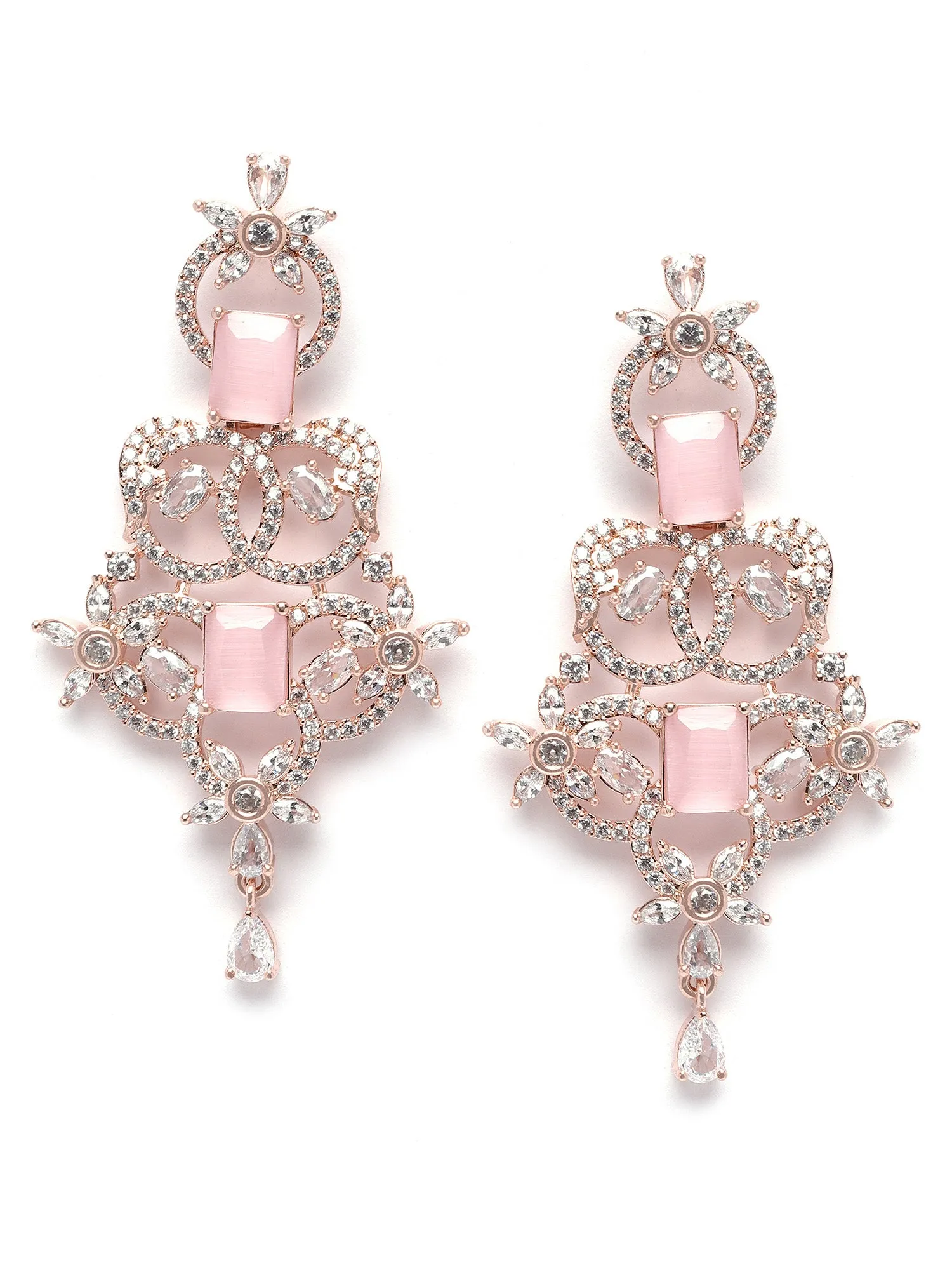 Karatcart Rose Gold Plated Pink Cubic Zirconia Studded Drop Earrings for Women