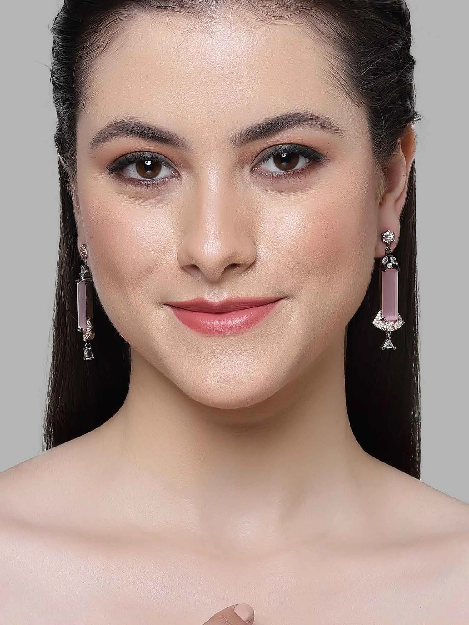 Karatcart Rose Gold Plated Pink Cubic-Zirconia Studded Drop Earrings for Women
