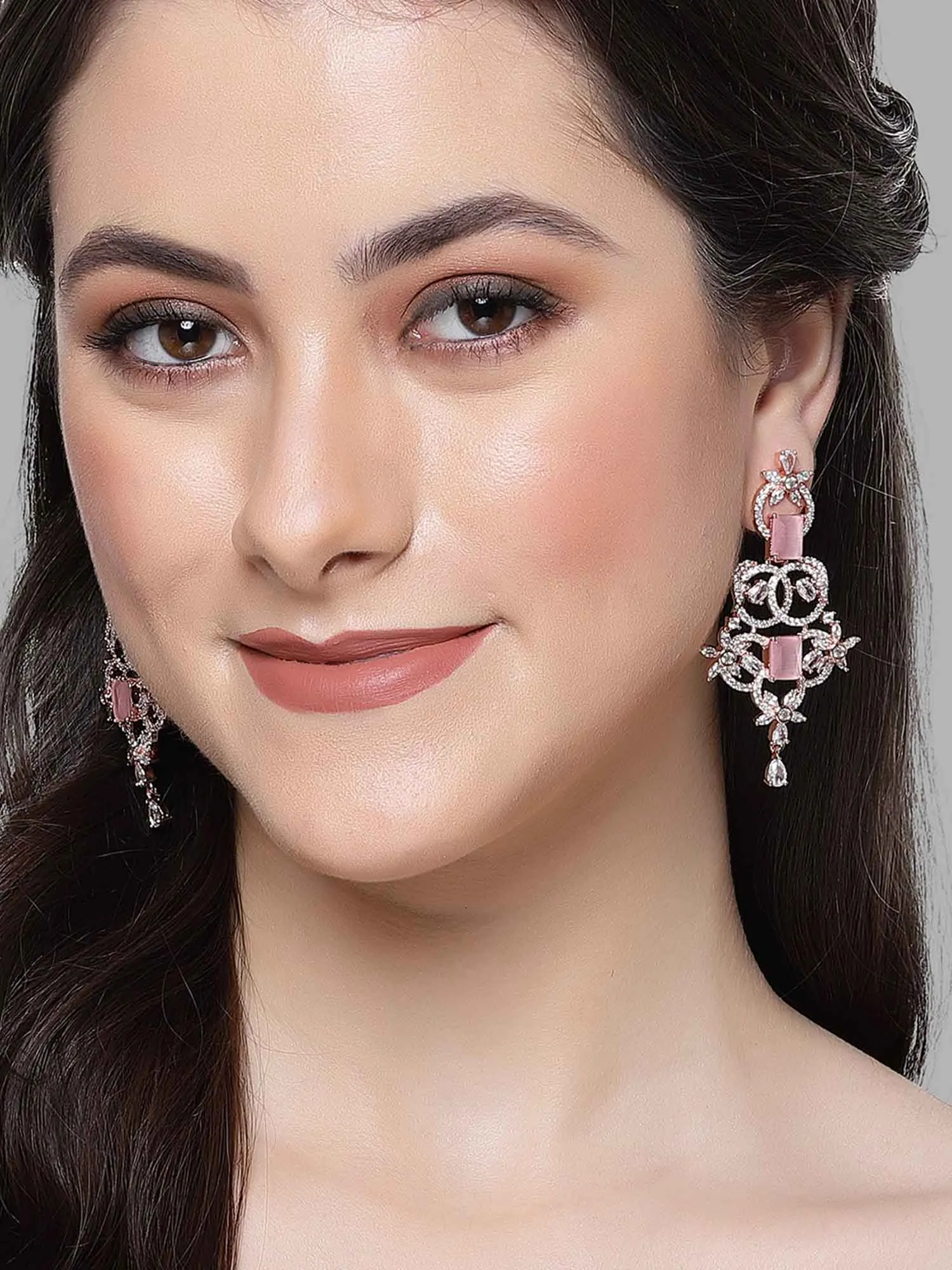 Karatcart Rose Gold Plated Pink Cubic Zirconia Studded Drop Earrings for Women