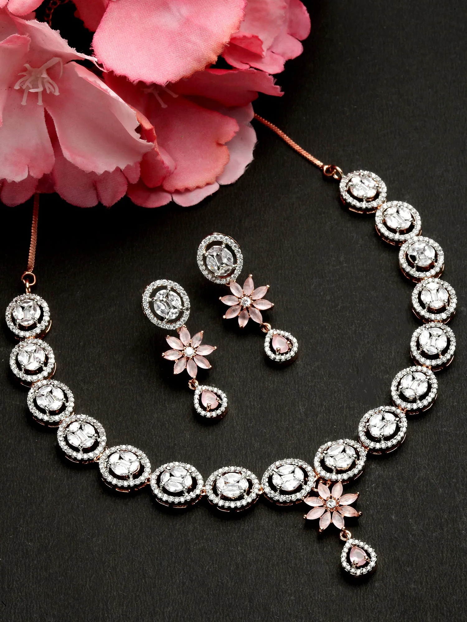 Karatcart Rose Gold Plated Pink Cubic Zirconia Studded Floral Jewellery Set for Women