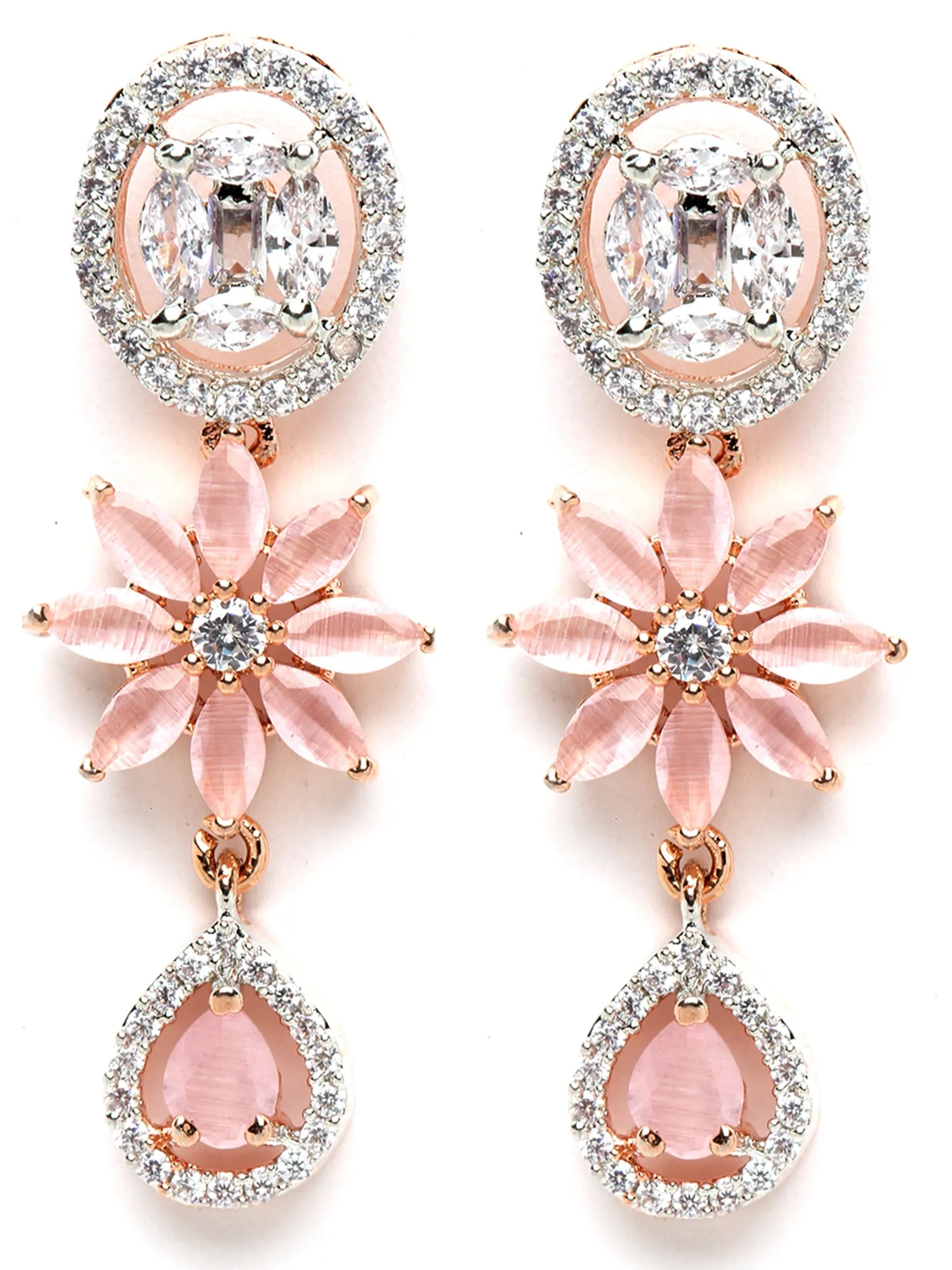 Karatcart Rose Gold Plated Pink Cubic Zirconia Studded Floral Jewellery Set for Women