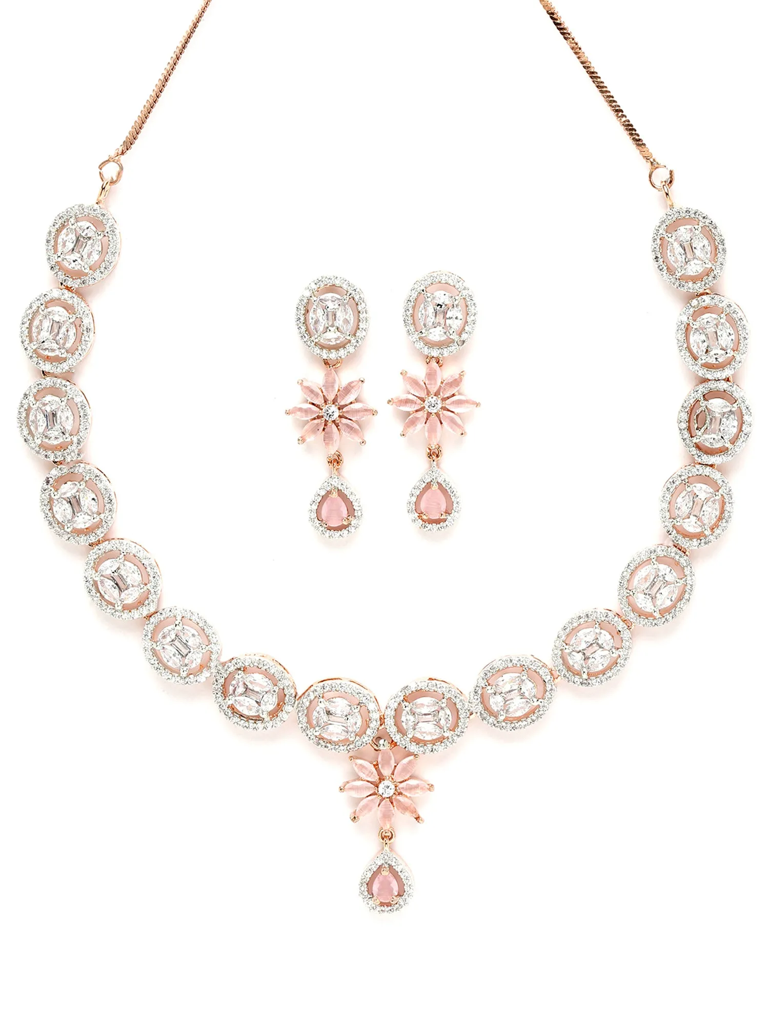 Karatcart Rose Gold Plated Pink Cubic Zirconia Studded Floral Jewellery Set for Women