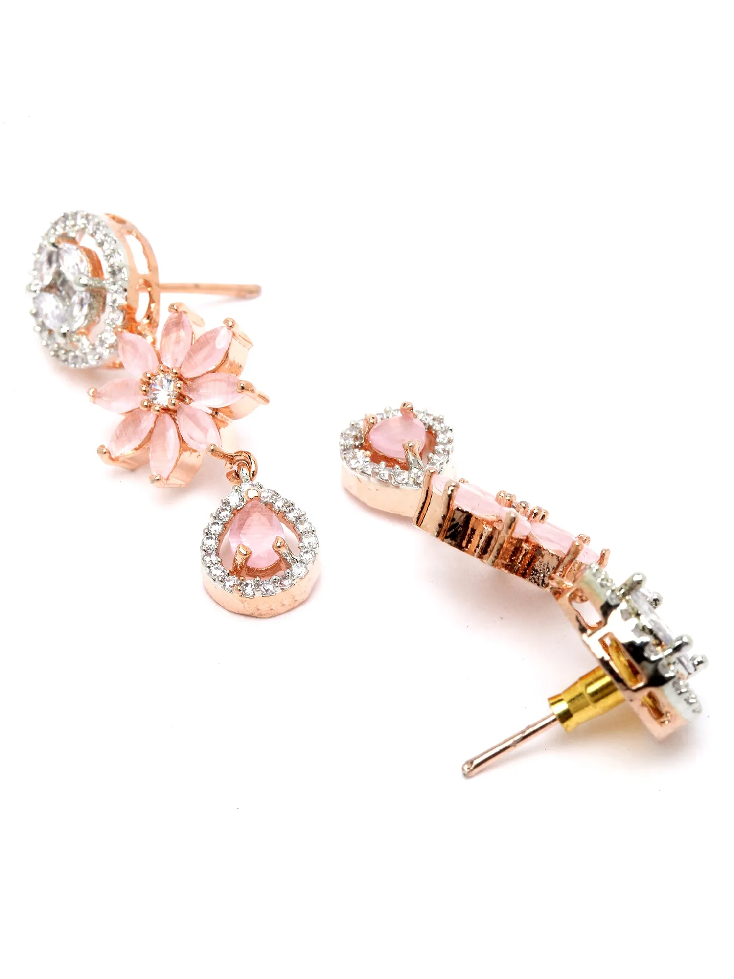 Karatcart Rose Gold Plated Pink Cubic Zirconia Studded Floral Jewellery Set for Women