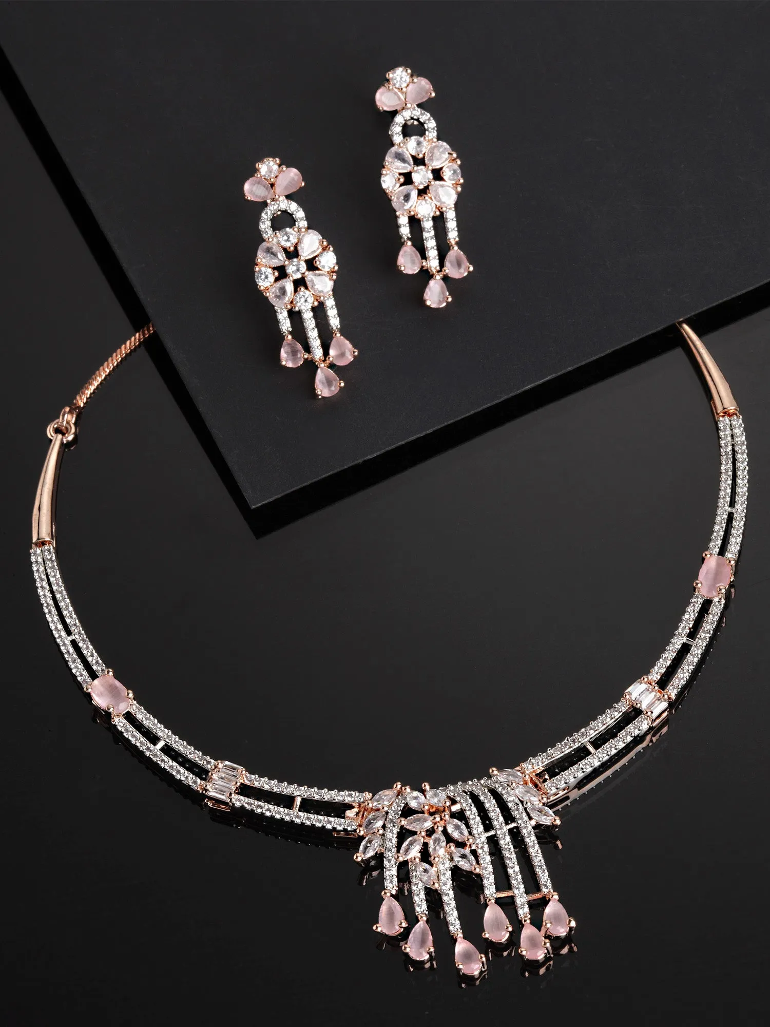 Karatcart Rose Gold Plated Pink Cubic Zirconia Studded Necklace Set