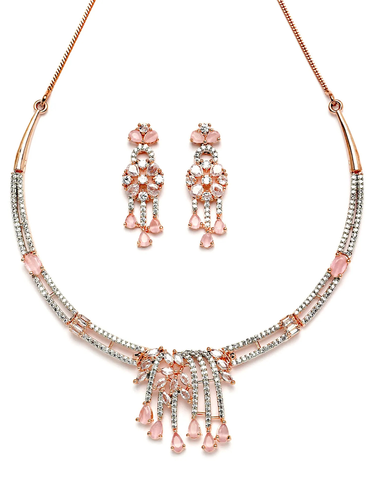 Karatcart Rose Gold Plated Pink Cubic Zirconia Studded Necklace Set