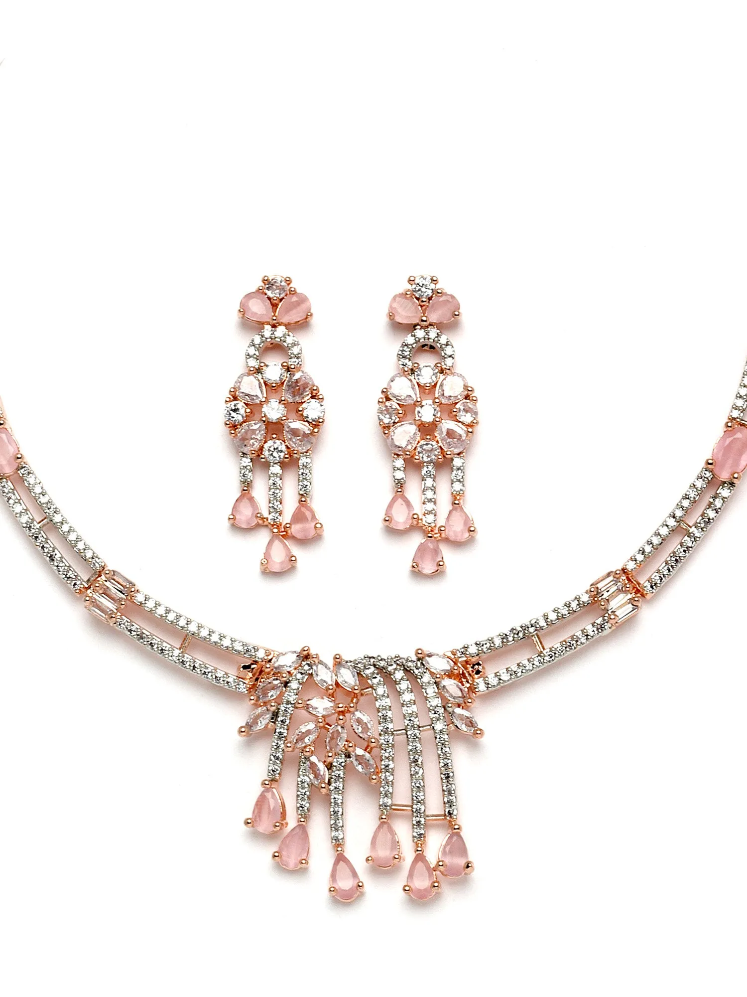 Karatcart Rose Gold Plated Pink Cubic Zirconia Studded Necklace Set