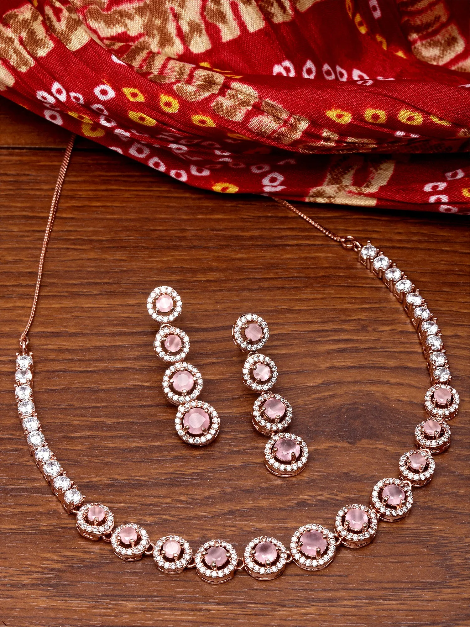 Karatcart Rose Gold Plated Pink CZ Stone Studded Jewellery Set