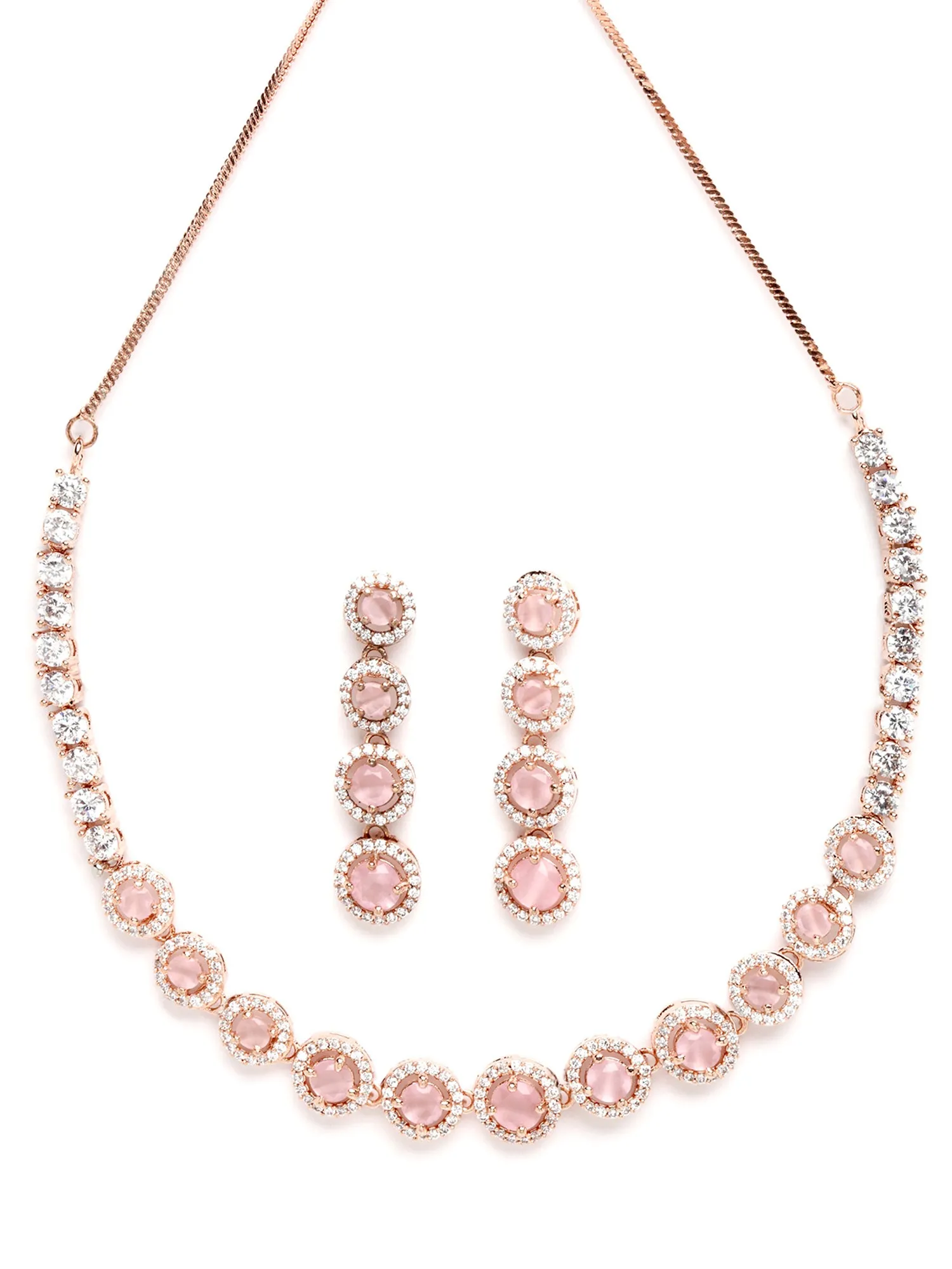Karatcart Rose Gold Plated Pink CZ Stone Studded Jewellery Set