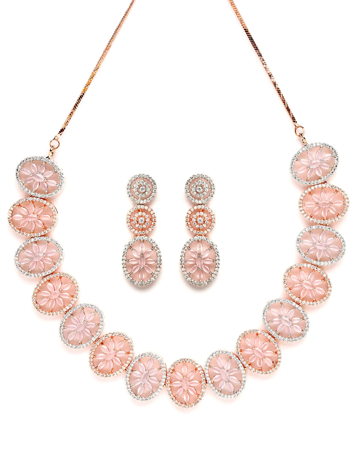 Karatcart Rose Gold Plated Pink Floral CZ Stone Studded Jewellery Set