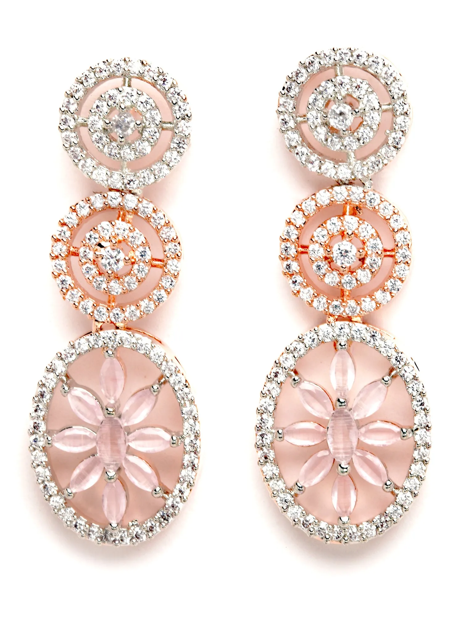 Karatcart Rose Gold Plated Pink Floral CZ Stone Studded Jewellery Set