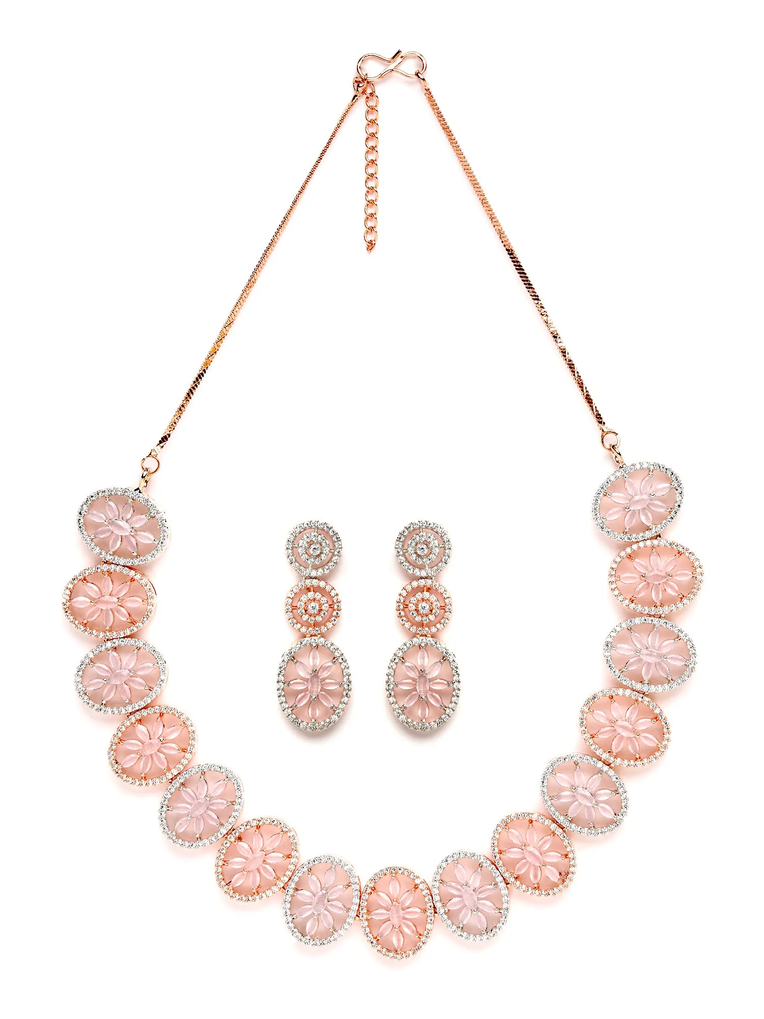 Karatcart Rose Gold Plated Pink Floral CZ Stone Studded Jewellery Set