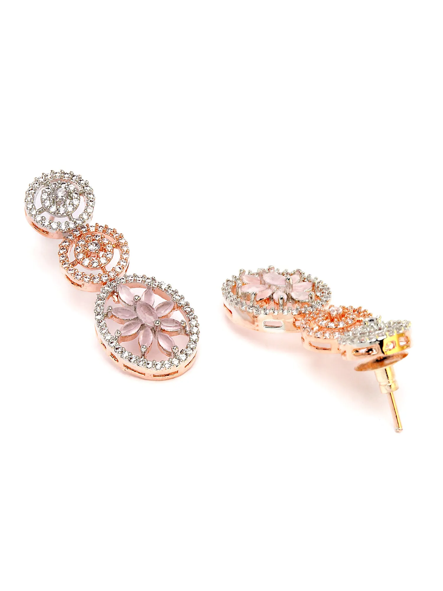 Karatcart Rose Gold Plated Pink Floral CZ Stone Studded Jewellery Set