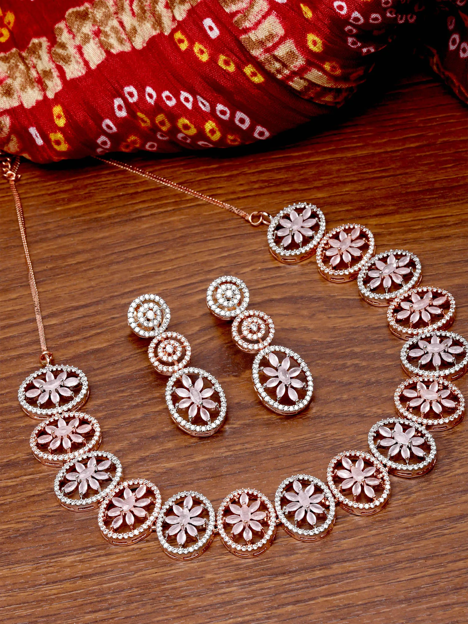 Karatcart Rose Gold Plated Pink Floral CZ Stone Studded Jewellery Set