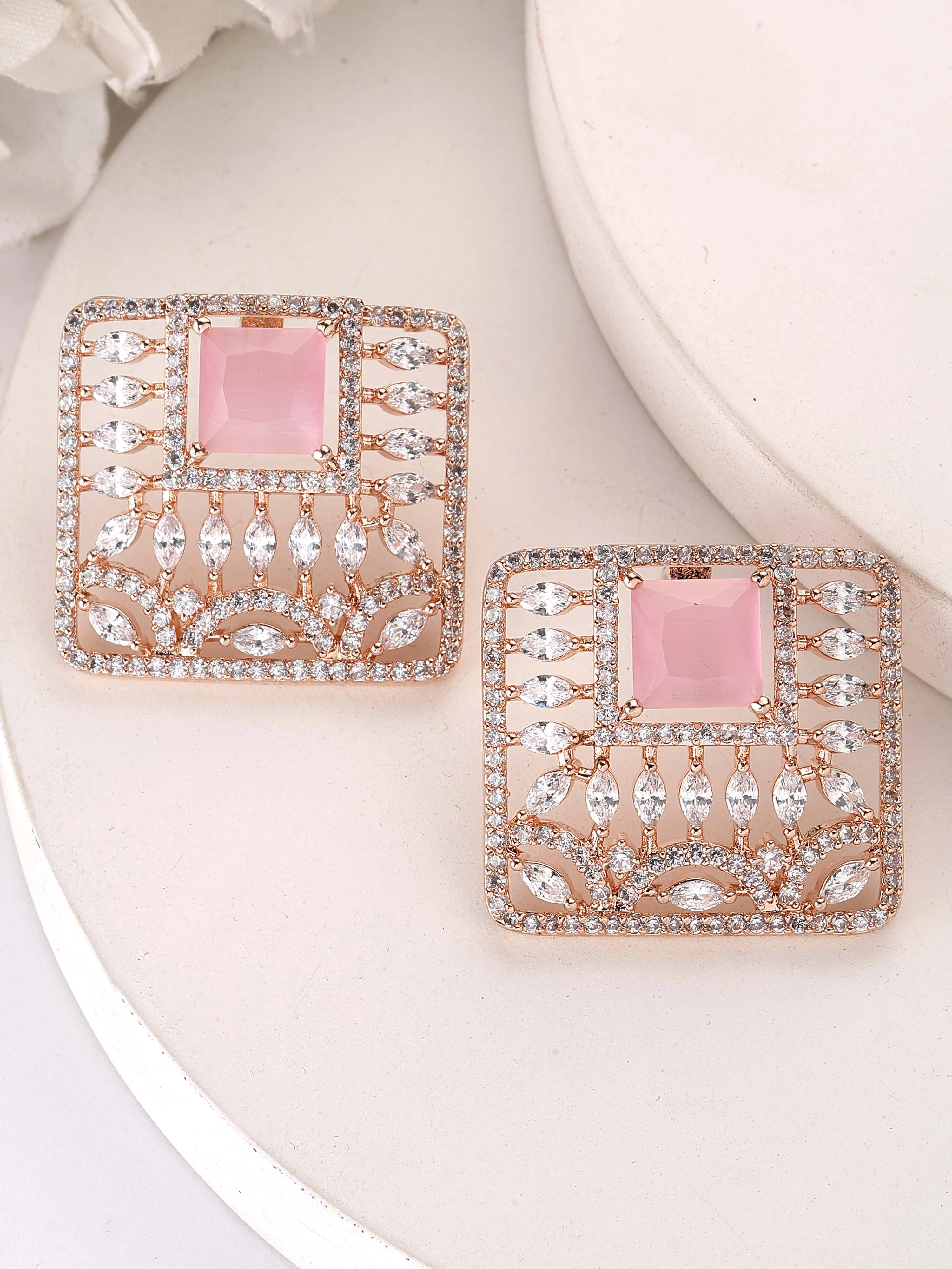 Karatcart Rose Gold Plated Pink Stones AD Stud Earrings for Women