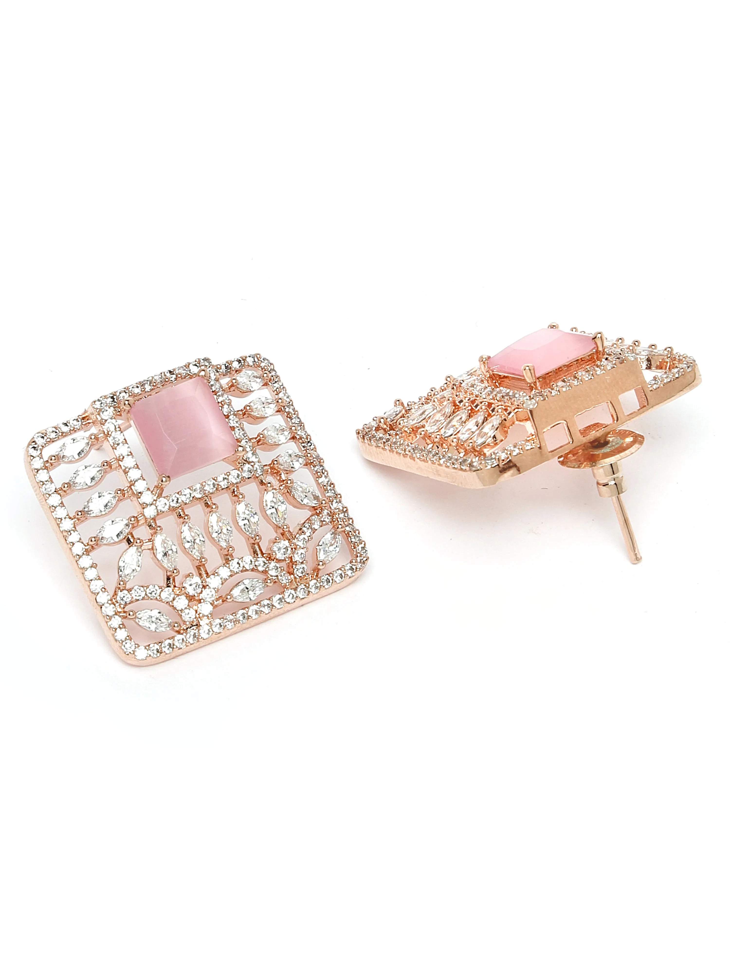 Karatcart Rose Gold Plated Pink Stones AD Stud Earrings for Women