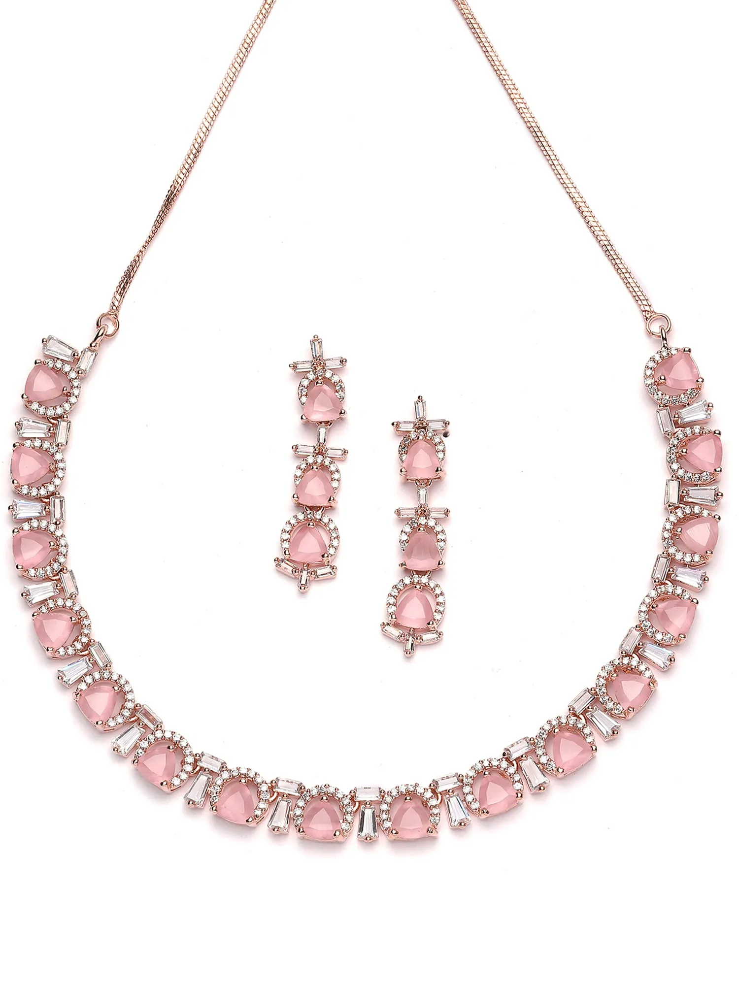 Karatcart Rose Gold Plated Pink Triangular Cubic Zirconia Studded Necklace Set for Women