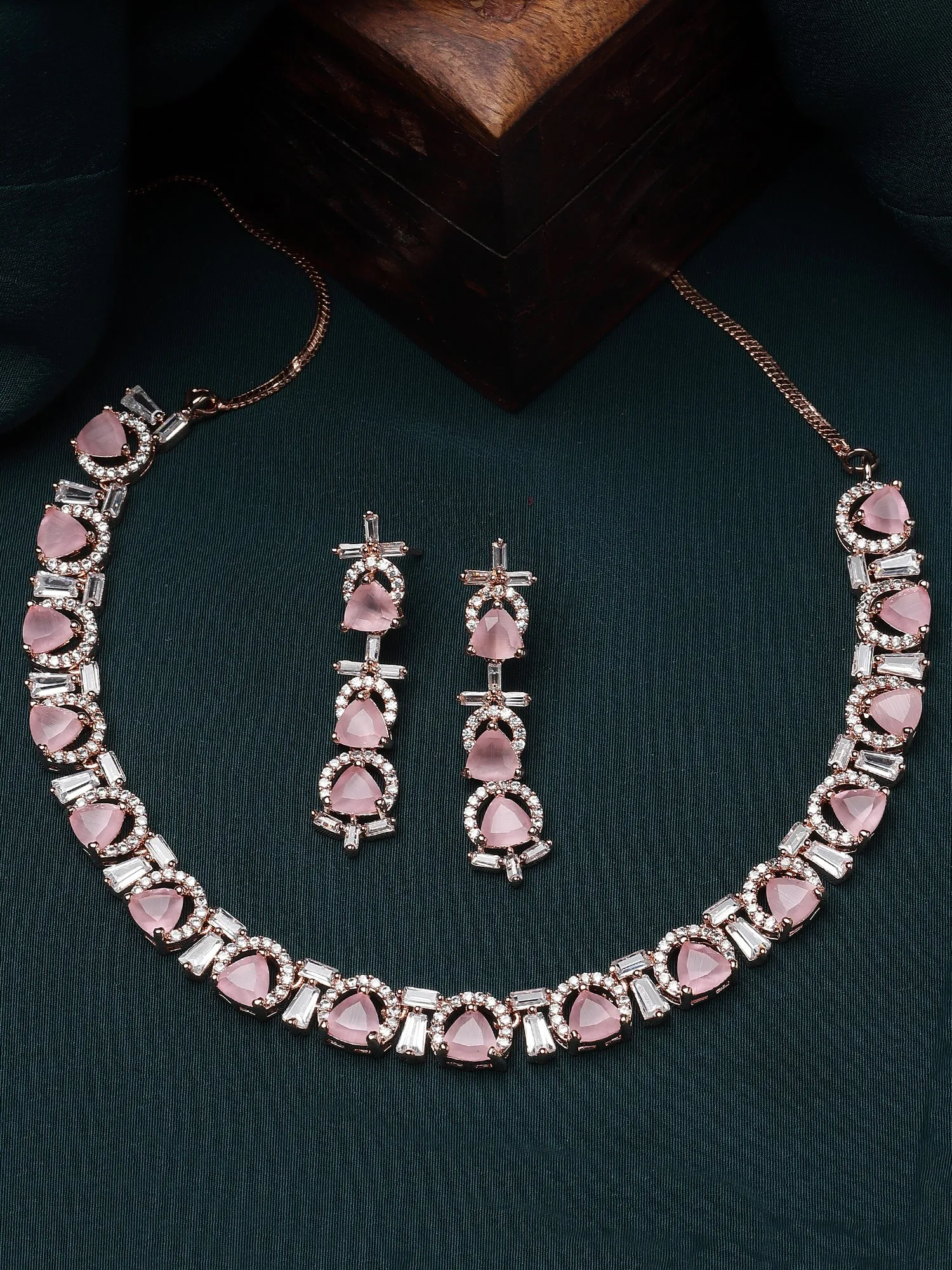 Karatcart Rose Gold Plated Pink Triangular Cubic Zirconia Studded Necklace Set for Women