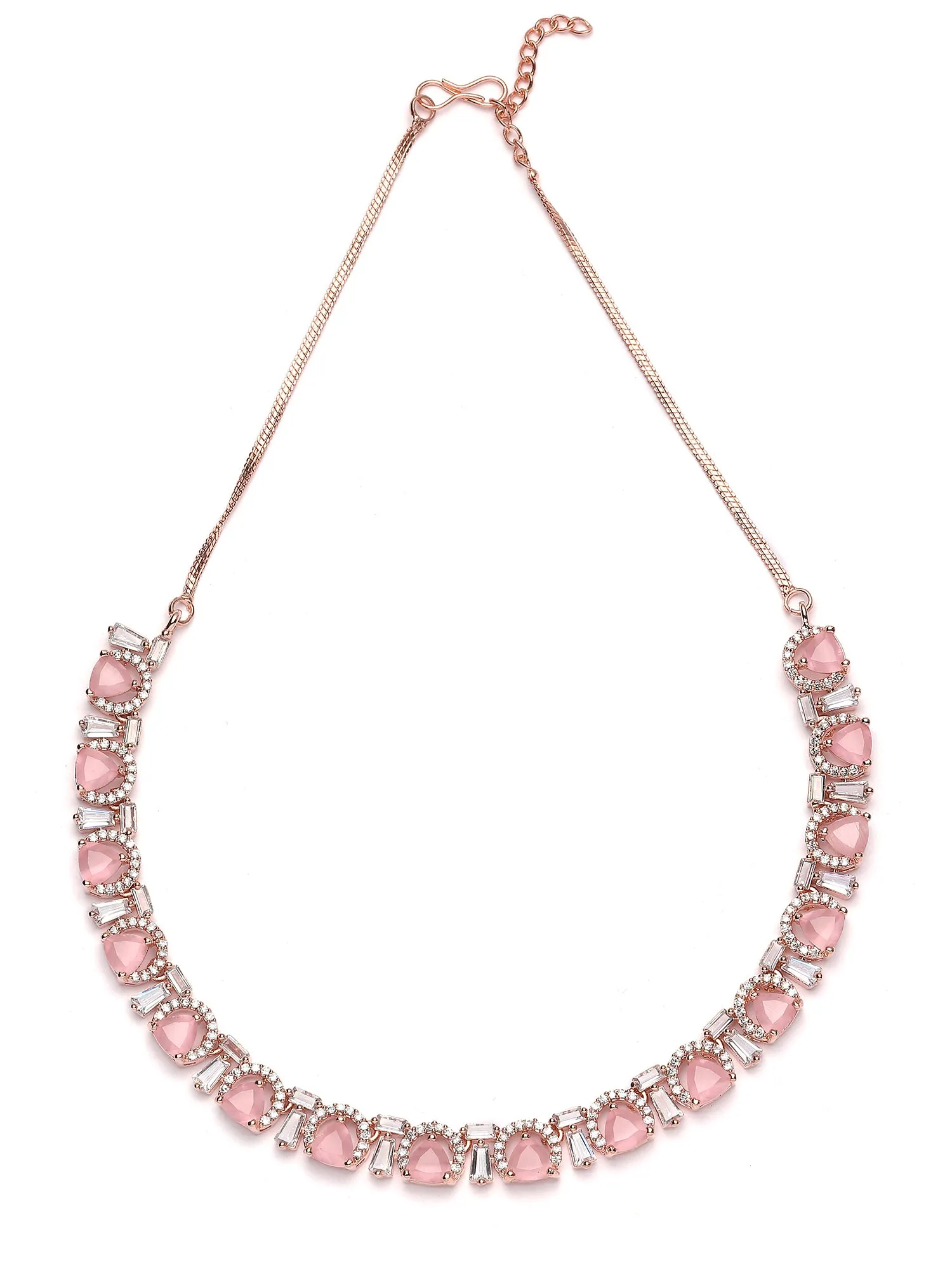 Karatcart Rose Gold Plated Pink Triangular Cubic Zirconia Studded Necklace Set for Women