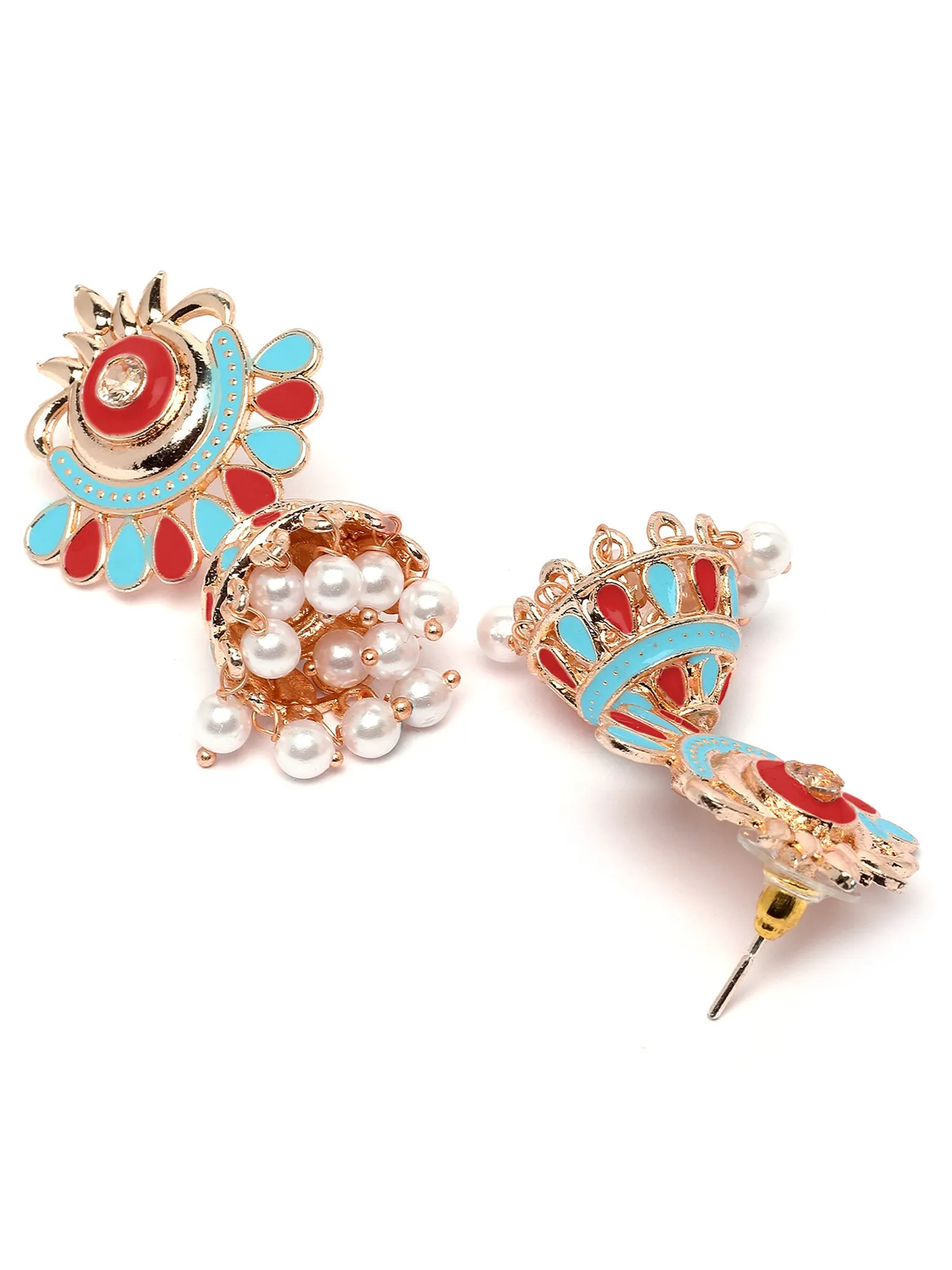 Karatcart Rose Gold Plated Red and Light Blue Meena Jhumki Earrings for Women