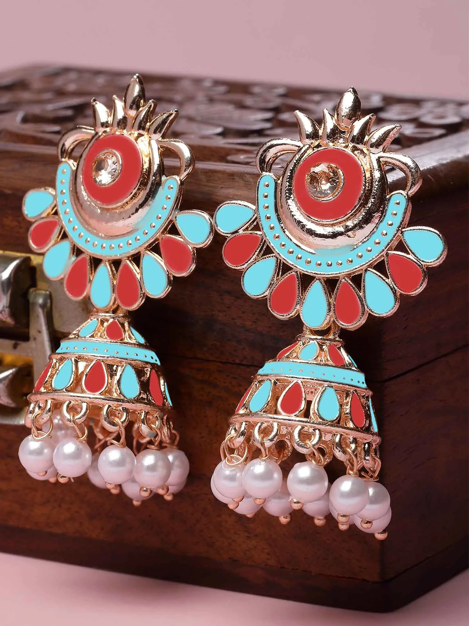 Karatcart Rose Gold Plated Red and Light Blue Meena Jhumki Earrings for Women