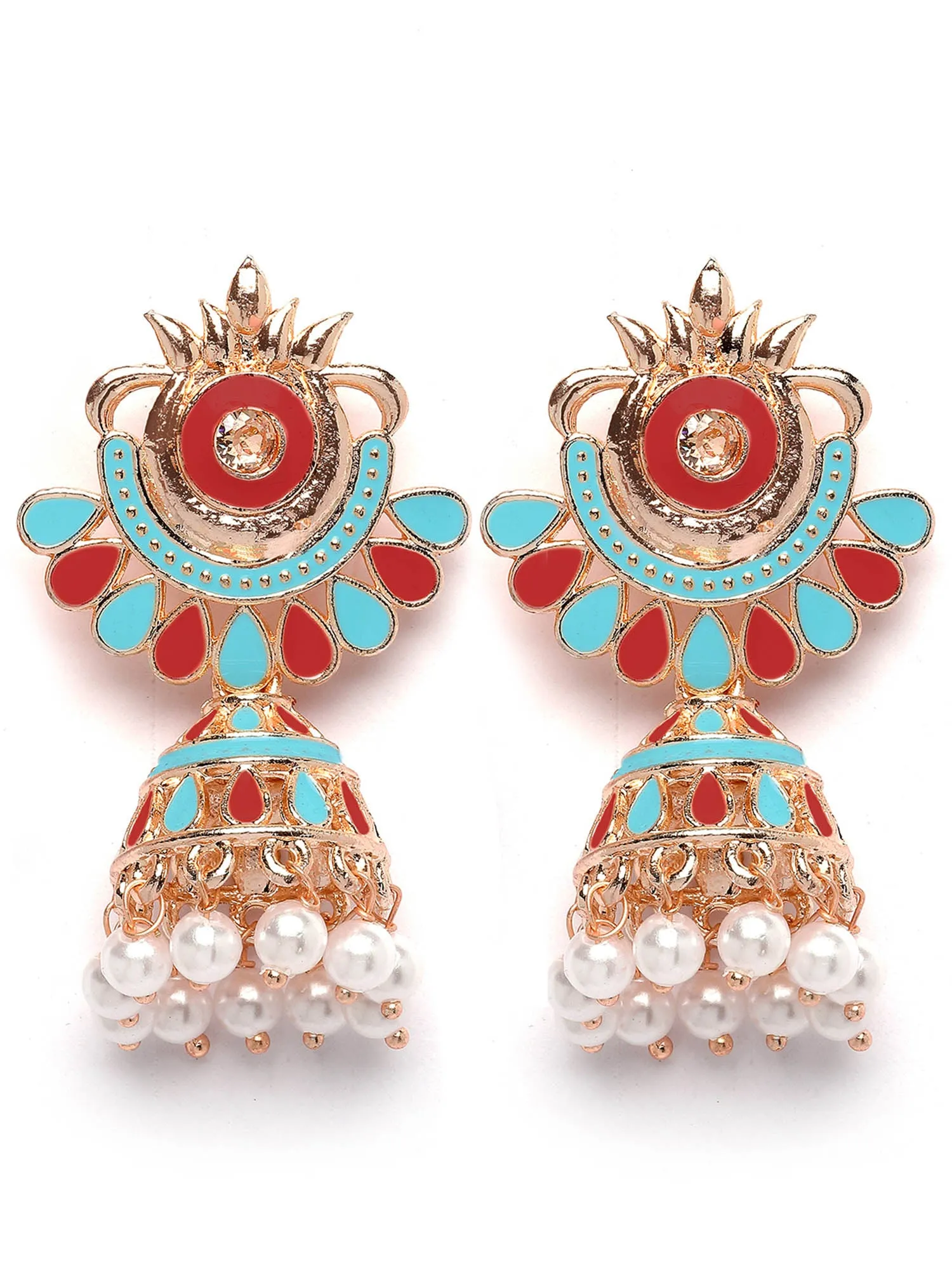 Karatcart Rose Gold Plated Red and Light Blue Meena Jhumki Earrings for Women