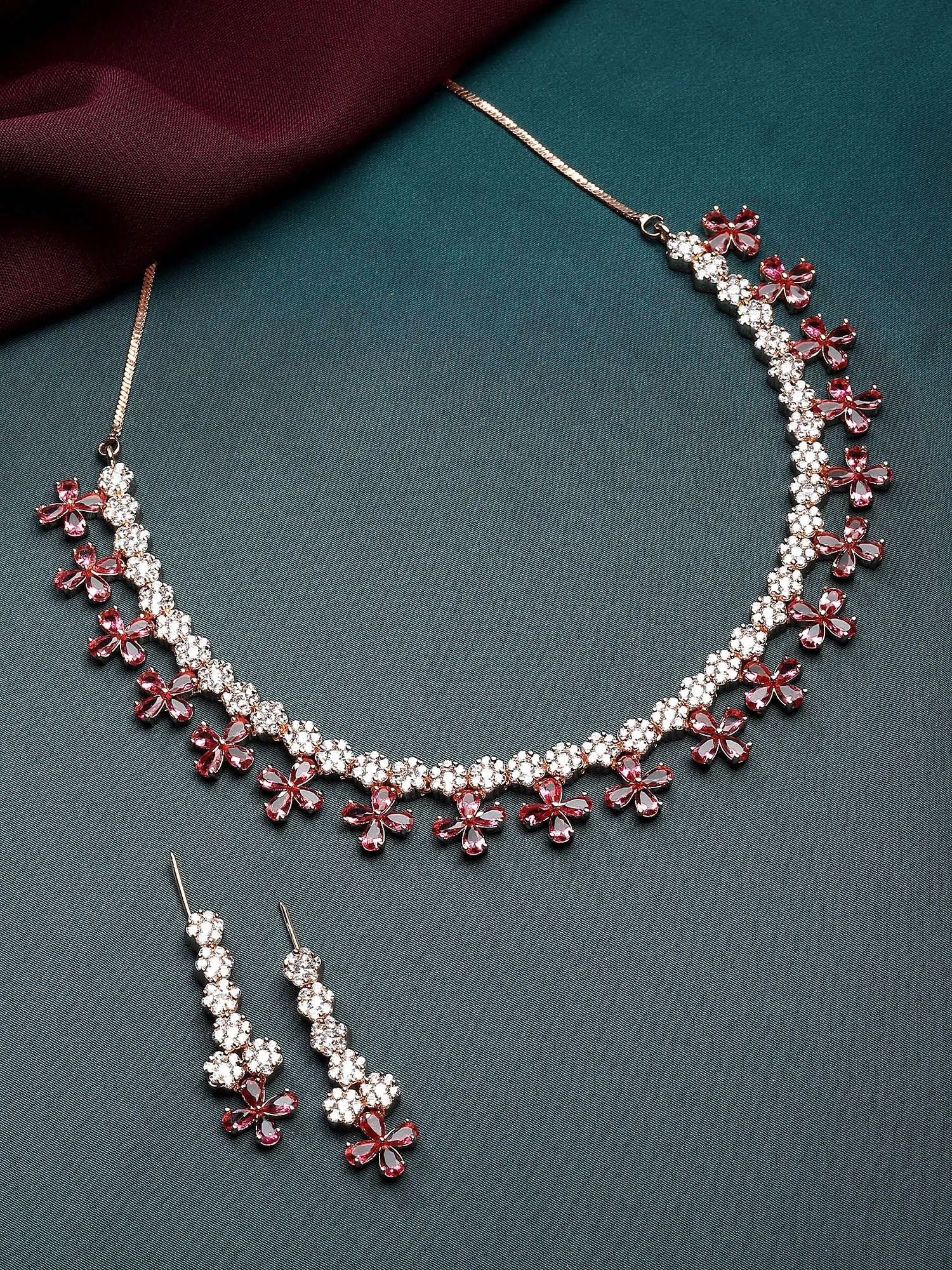 Karatcart Rose Gold Plated Red Cubic Zirconia Studded Floral Design Necklace Set for Women