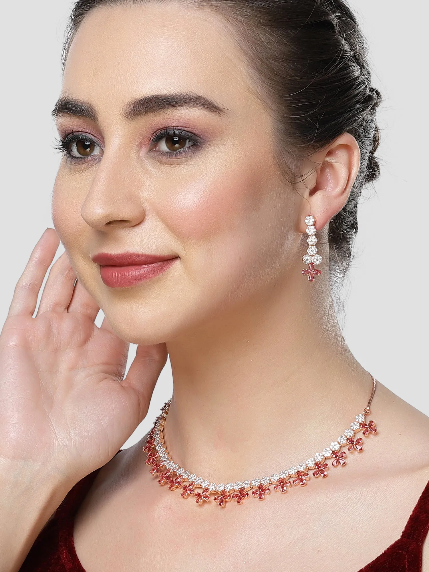 Karatcart Rose Gold Plated Red Cubic Zirconia Studded Floral Design Necklace Set for Women