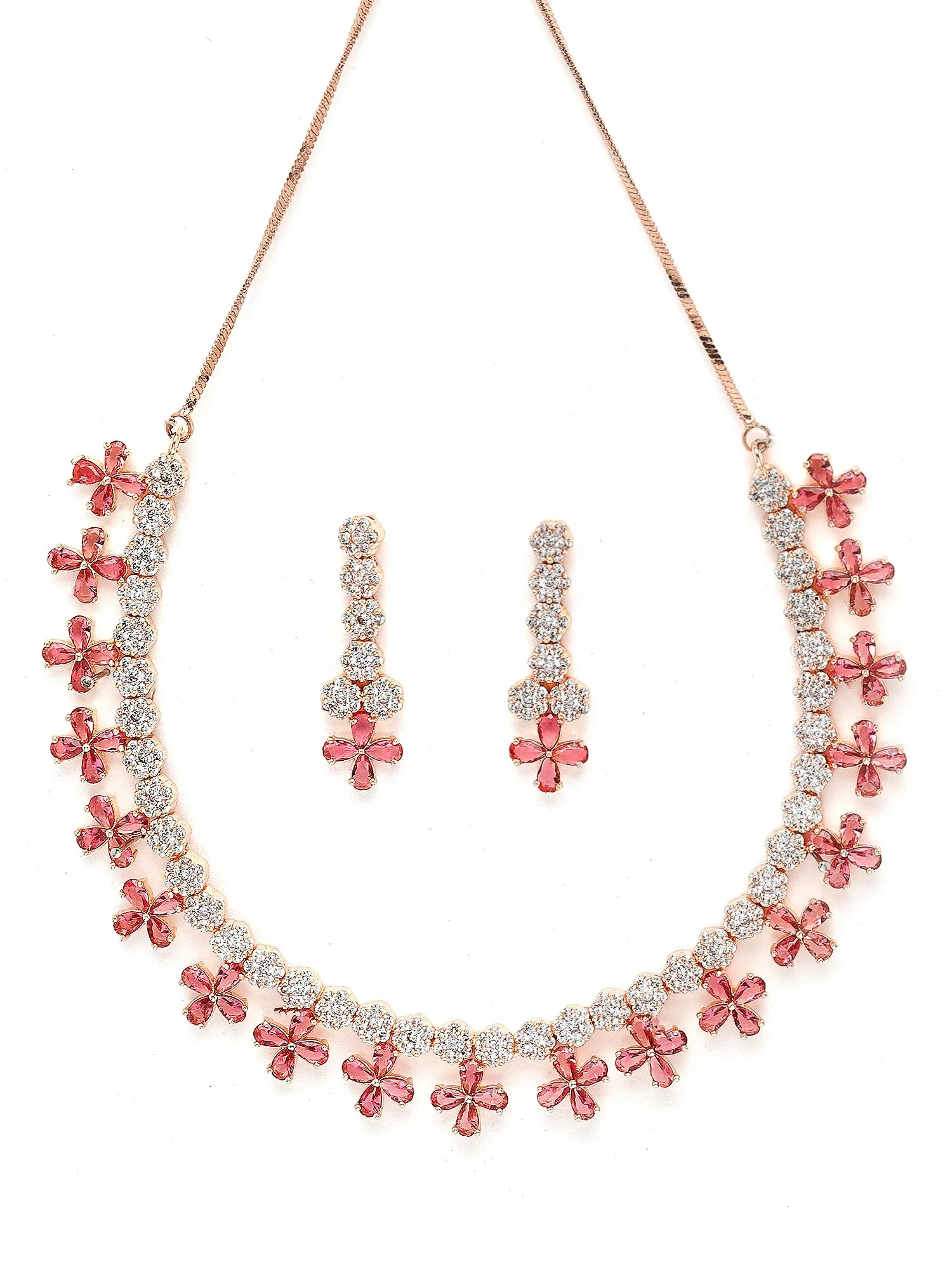 Karatcart Rose Gold Plated Red Cubic Zirconia Studded Floral Design Necklace Set for Women