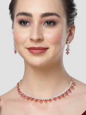 Karatcart Rose Gold Plated Red Cubic Zirconia Studded Floral Design Necklace Set for Women