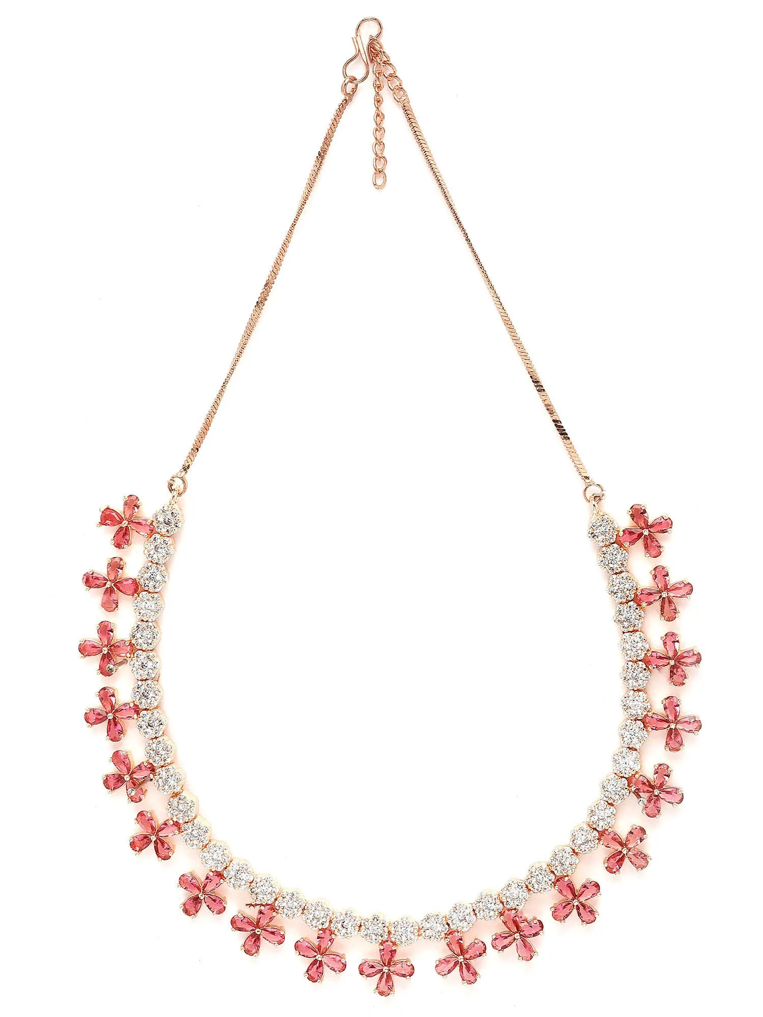 Karatcart Rose Gold Plated Red Cubic Zirconia Studded Floral Design Necklace Set for Women