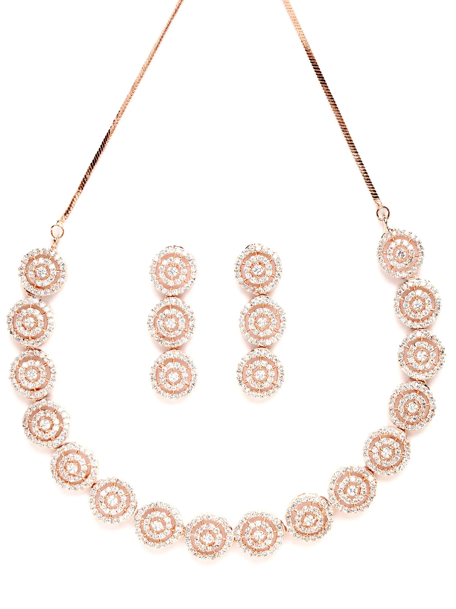 Karatcart Rose Gold Plated Round Design CZ Stone Studded Jewellery Set