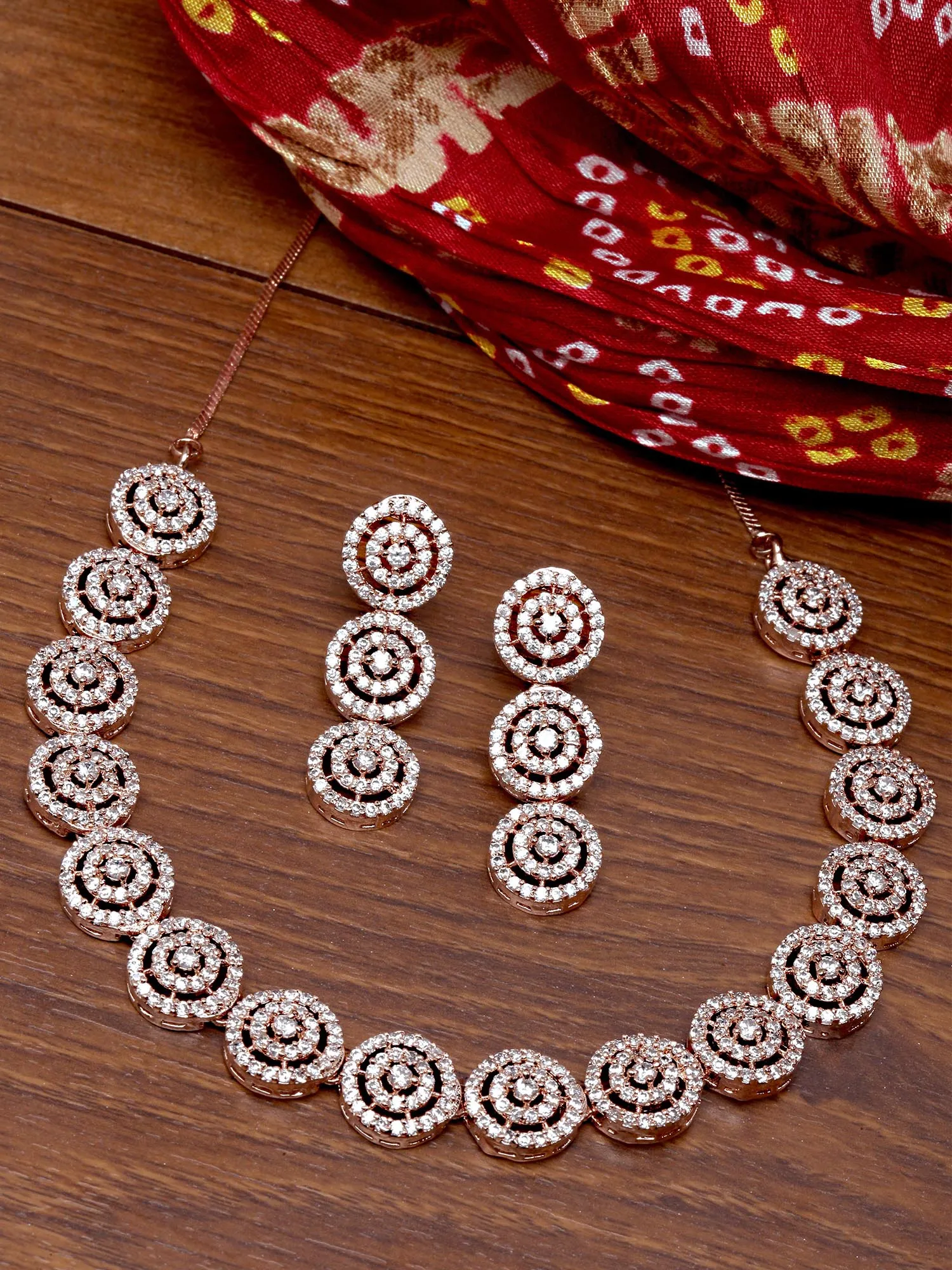 Karatcart Rose Gold Plated Round Design CZ Stone Studded Jewellery Set