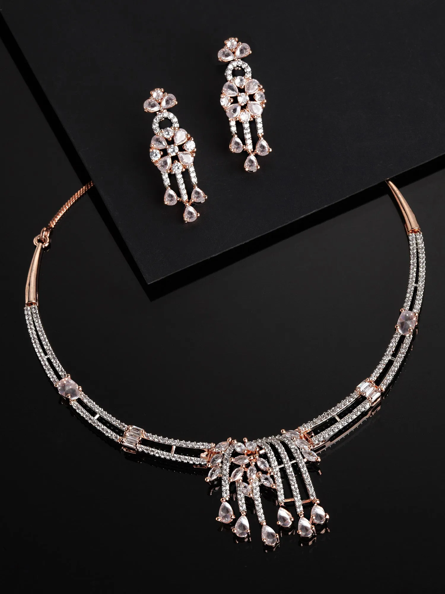 Karatcart Rose Gold Plated White Cubic Zirconia Studded Necklace Set