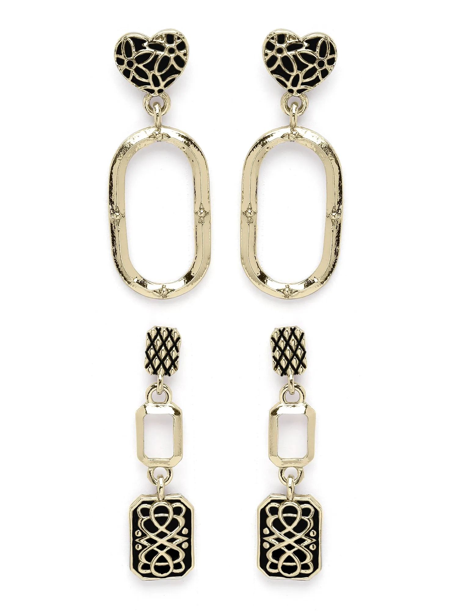 Karatcart Set of 2 Antique Gold Plated Black Meena Kundan Drop Earrings for Women