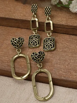 Karatcart Set of 2 Antique Gold Plated Black Meena Kundan Drop Earrings for Women