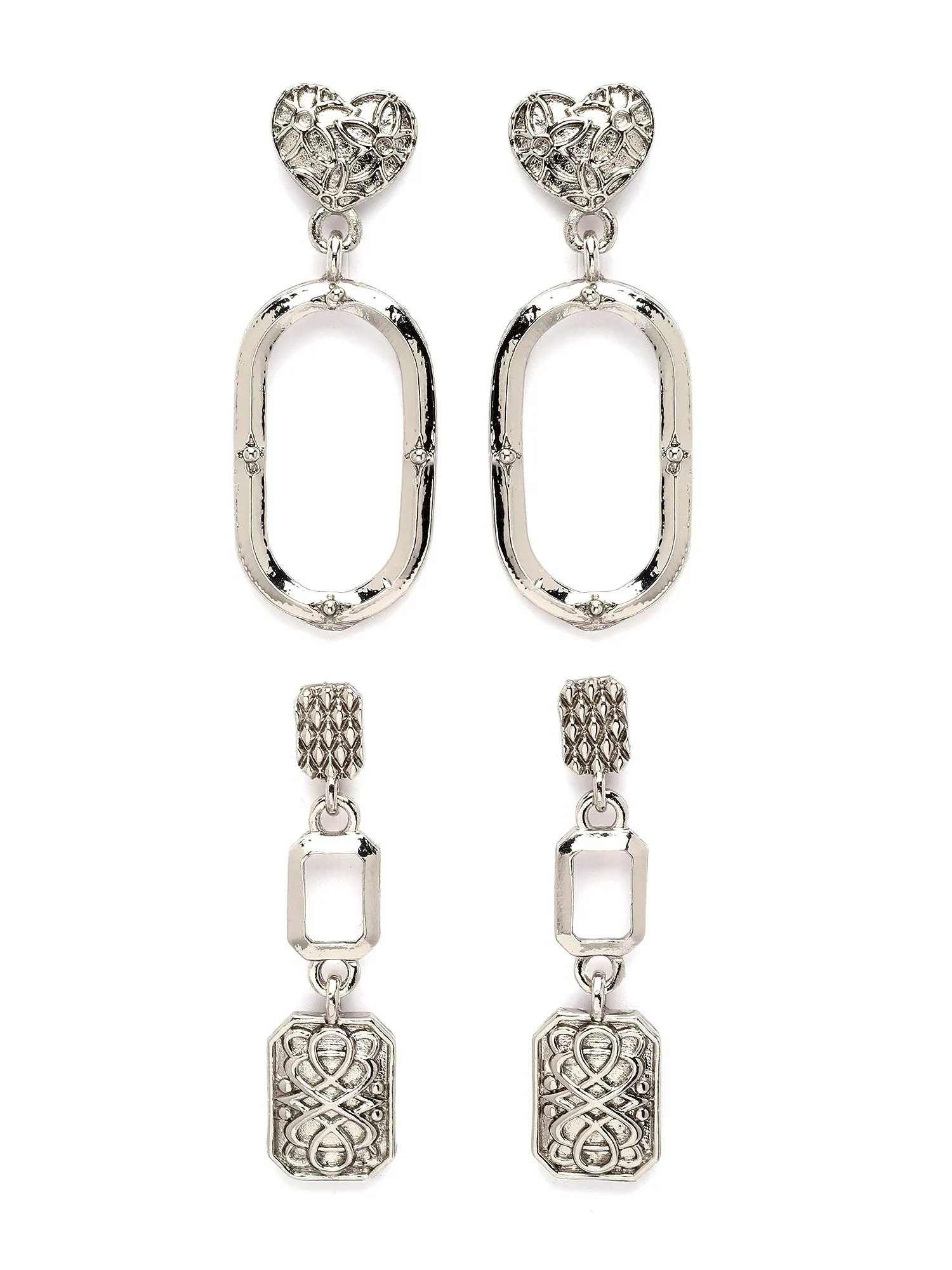 Karatcart Set of 2 Silver Plated Heart Shape Kundan Drop Earrings for Women